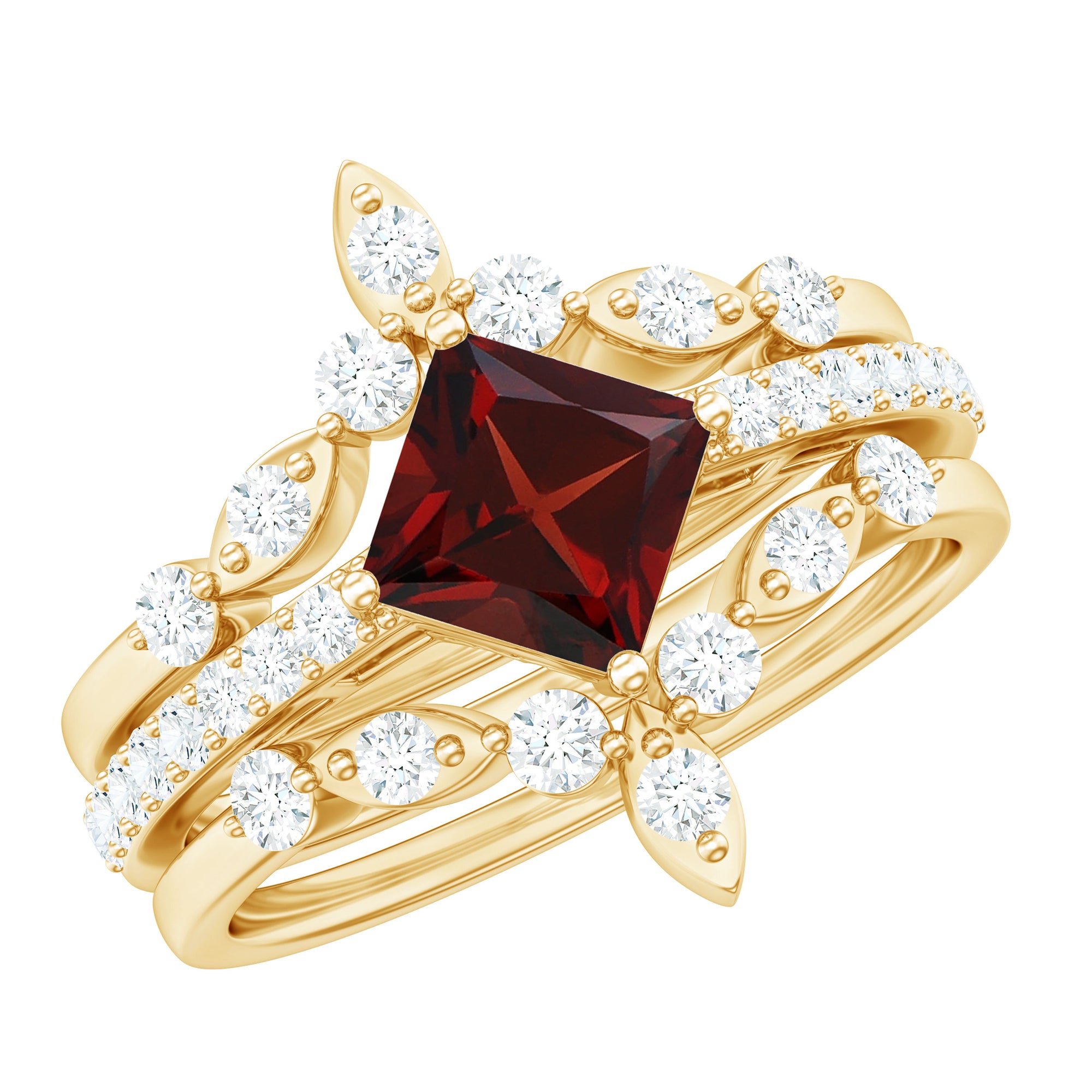 Vintage Looking Princess Cut Garnet and Diamond 3 Piece Wedding Ring Set AAA - Rosec Jewels