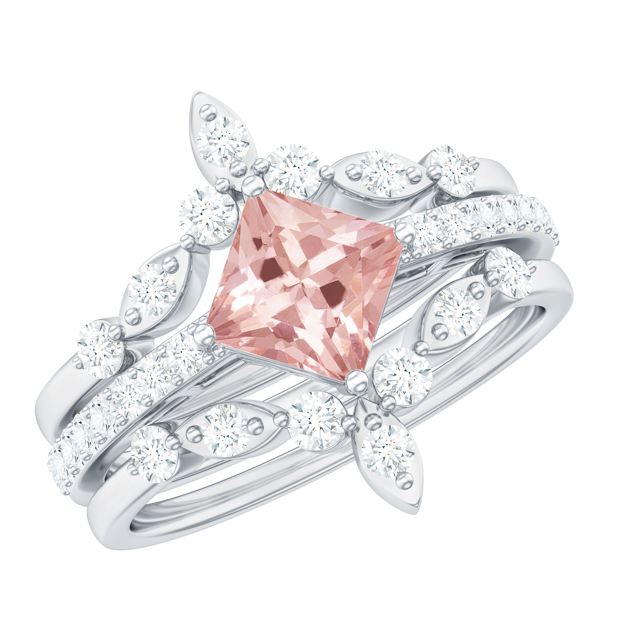 1.75 CT Princess Cut Morganite and Moissanite Trio Wedding Ring Set