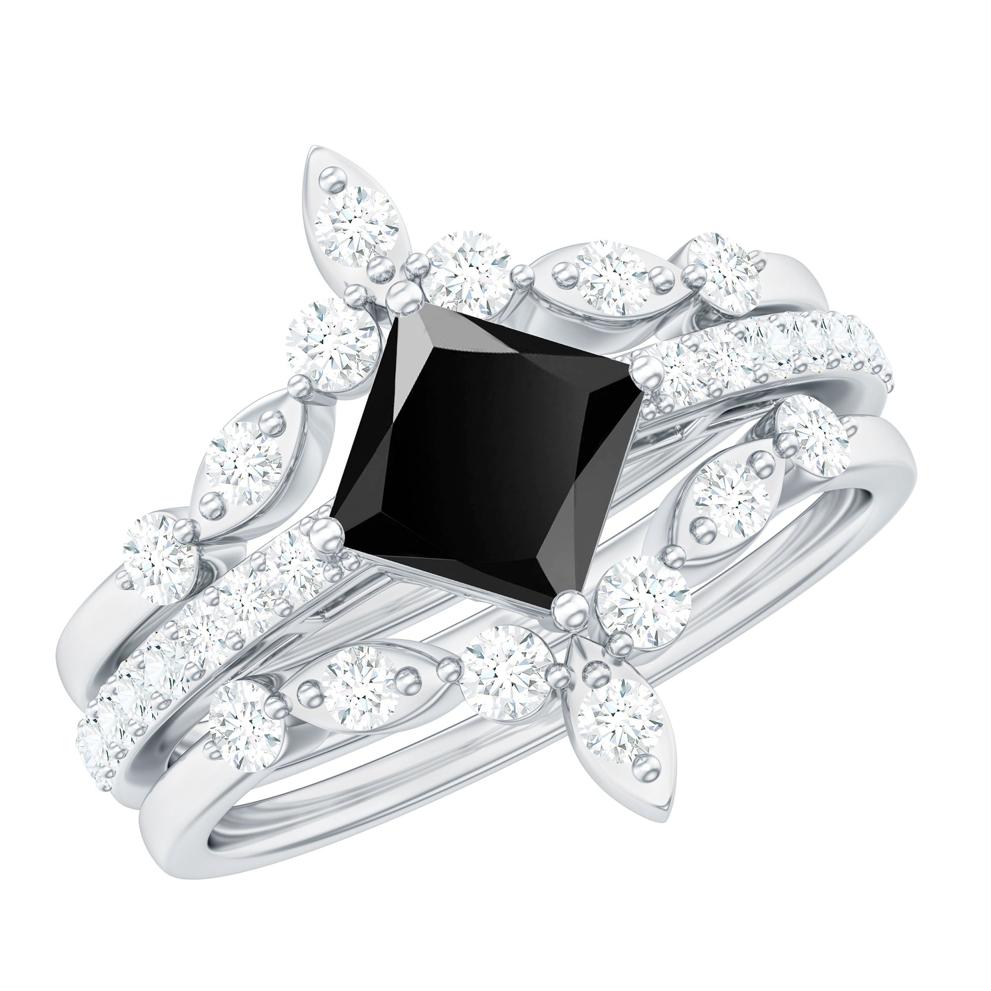 Genuine Princess Cut Black Onyx Bridal Rings Set with Diamond AAA - Rosec Jewels