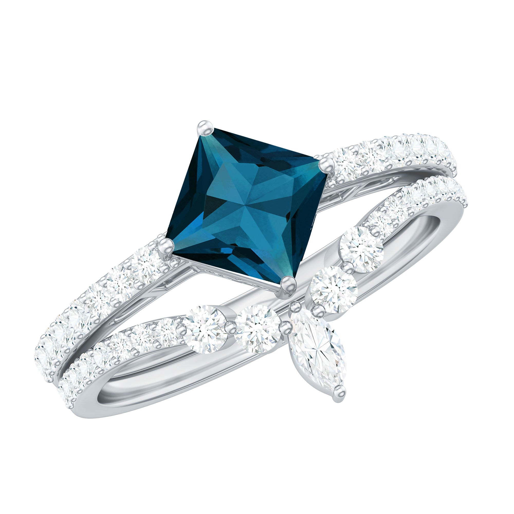 6mm Princess Cut London Blue Topaz and Diamond Wedding Ring Set AAA - Rosec Jewels
