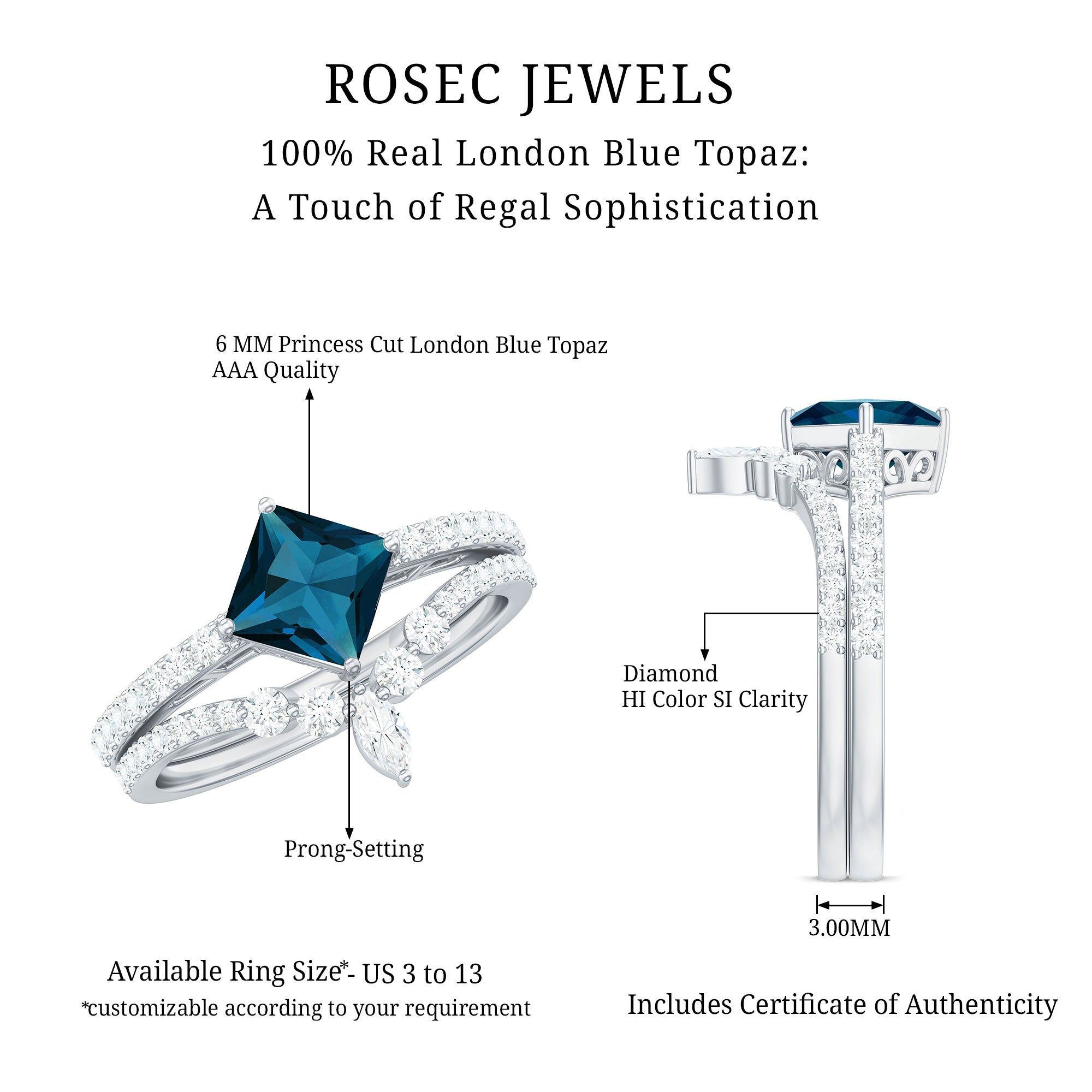 6mm Princess Cut London Blue Topaz and Diamond Wedding Ring Set AAA - Rosec Jewels