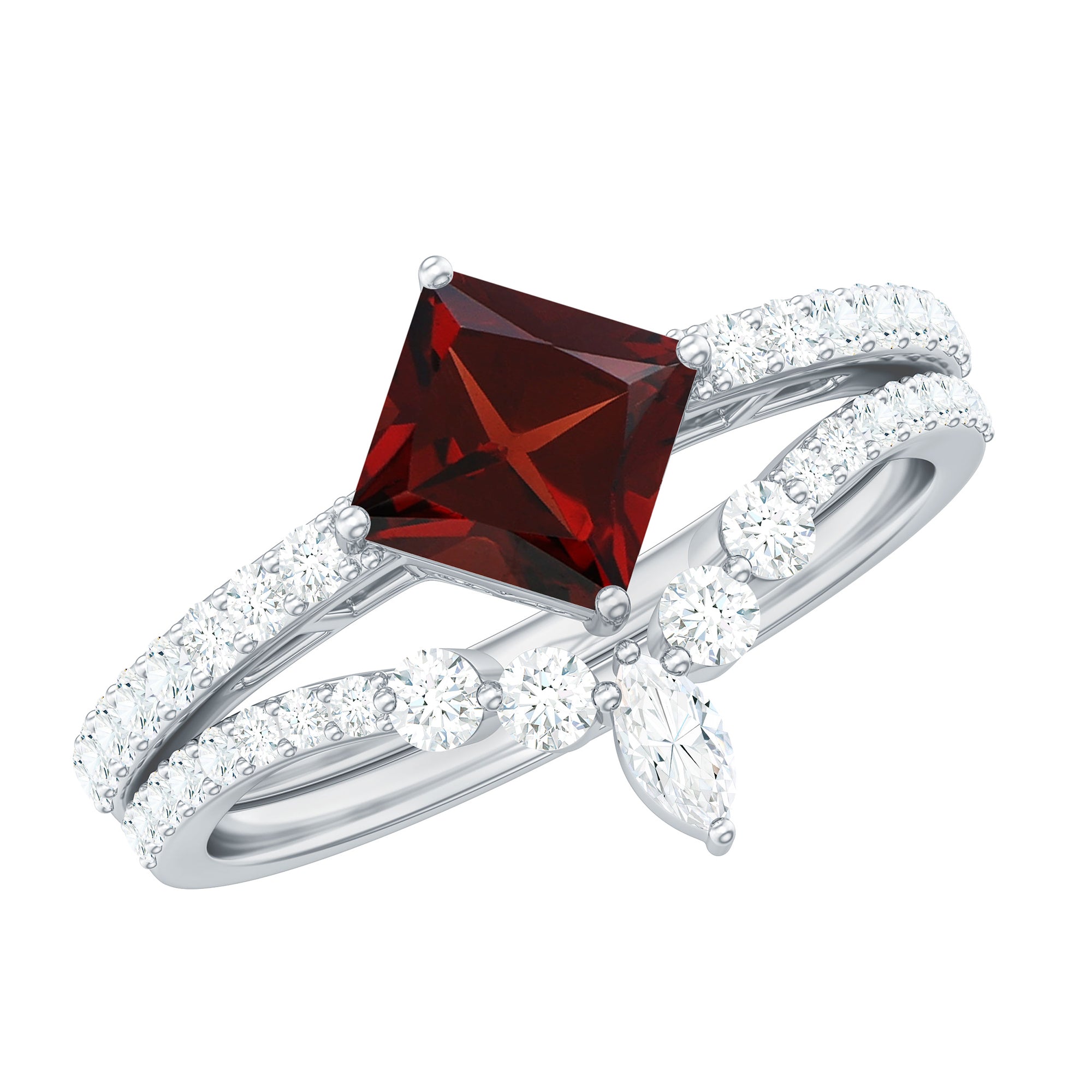Natural Princess Cut Garnet Diamond Wedding Bridal Ring Set AAA - Rosec Jewels