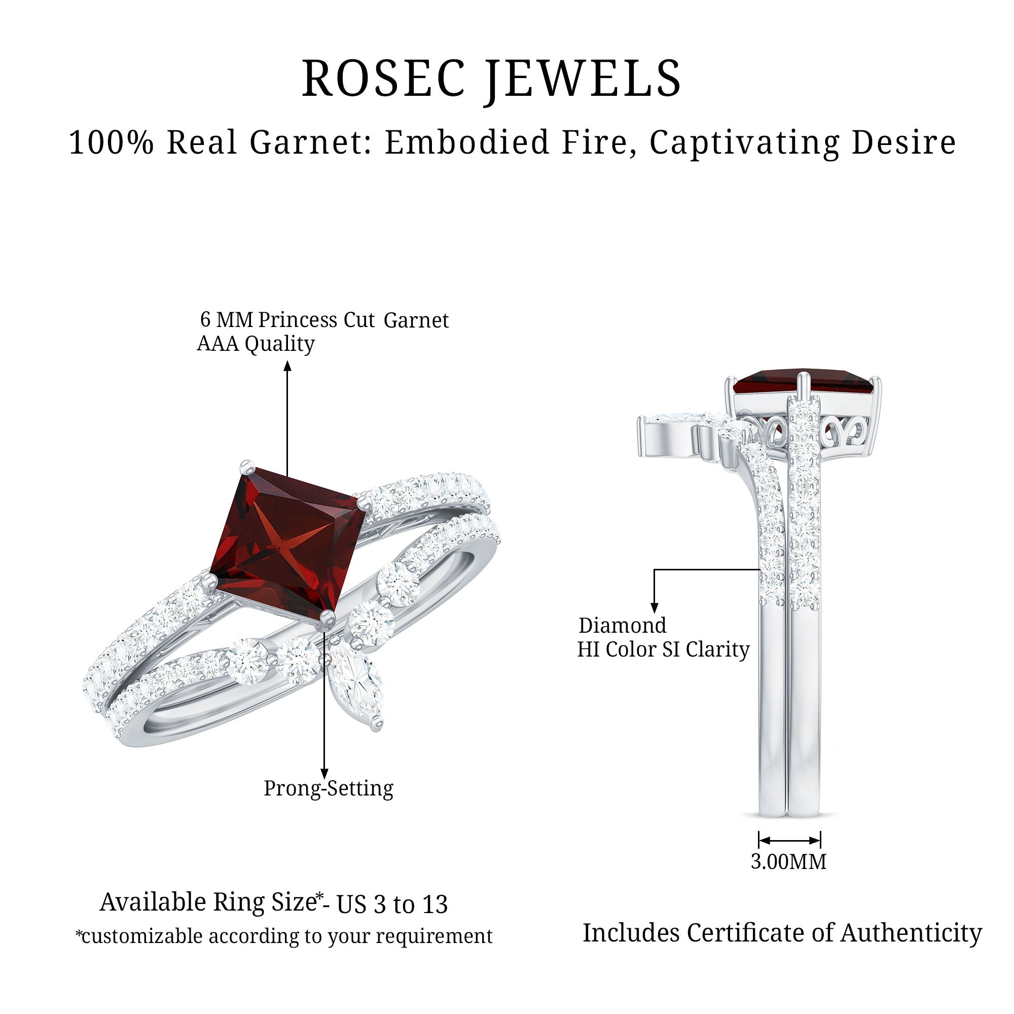 Natural Princess Cut Garnet Diamond Wedding Bridal Ring Set AAA - Rosec Jewels