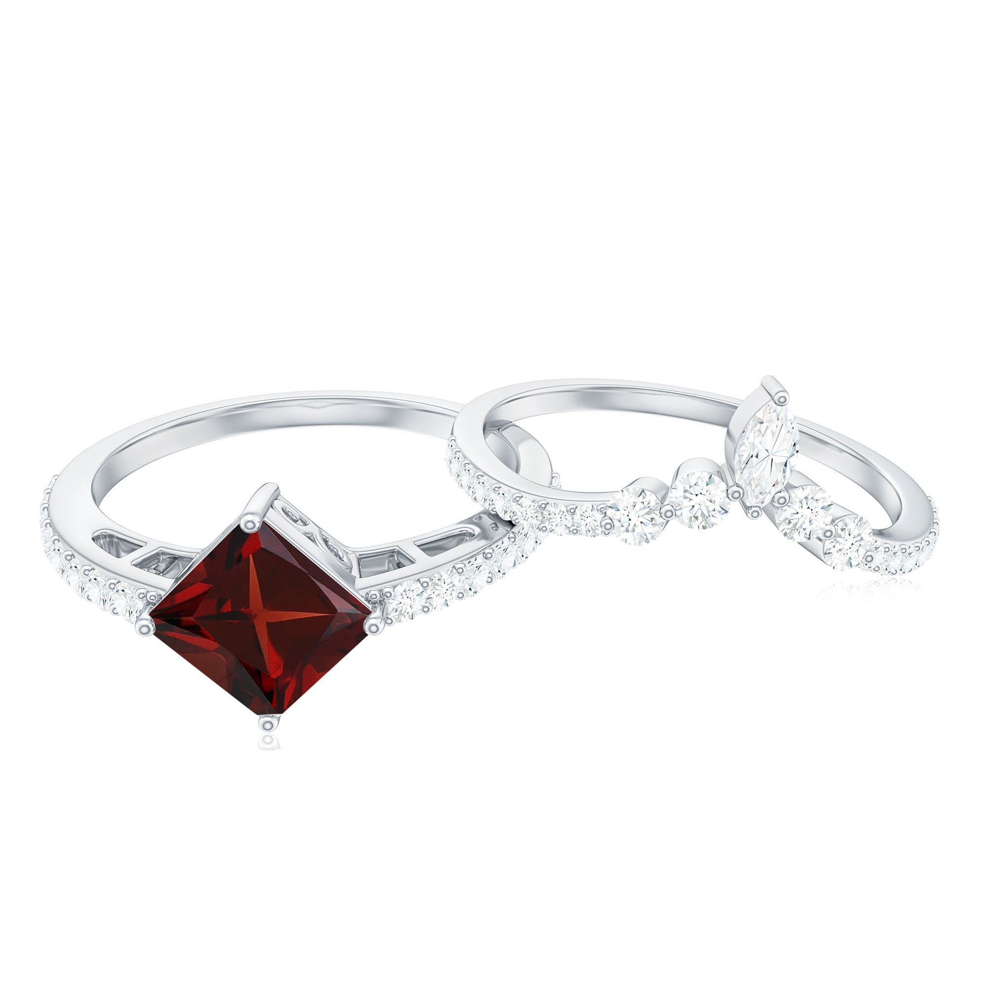 Natural Princess Cut Garnet Diamond Wedding Bridal Ring Set AAA - Rosec Jewels