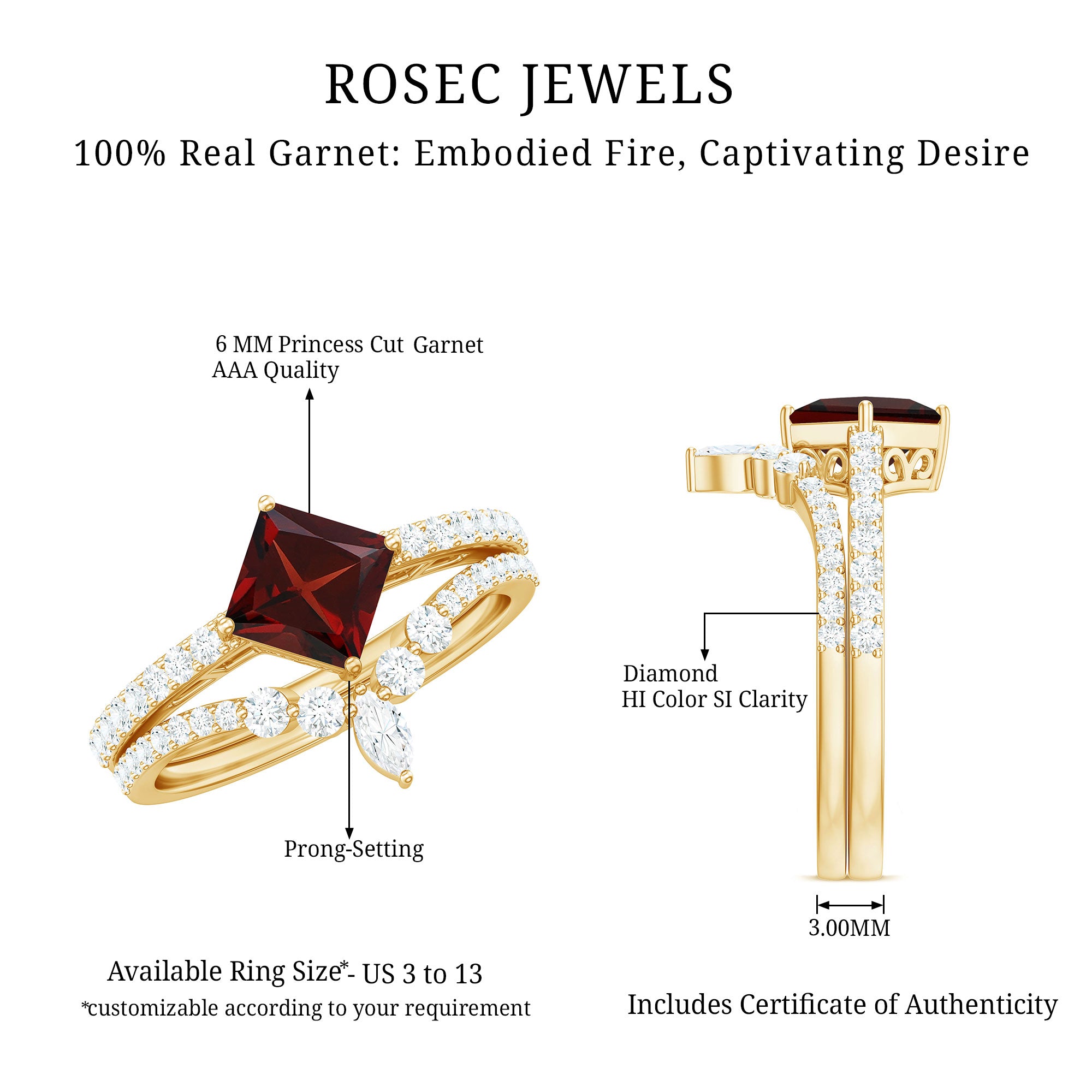 Natural Princess Cut Garnet Diamond Wedding Bridal Ring Set AAA - Rosec Jewels