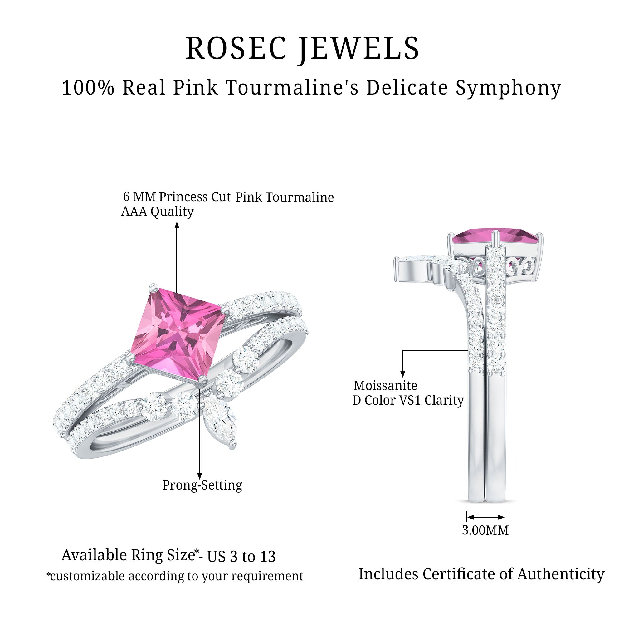 1 Carat Princess Cut Pink tourmaline and Diamond Wedding Ring Set for Women AAA - Rosec Jewels