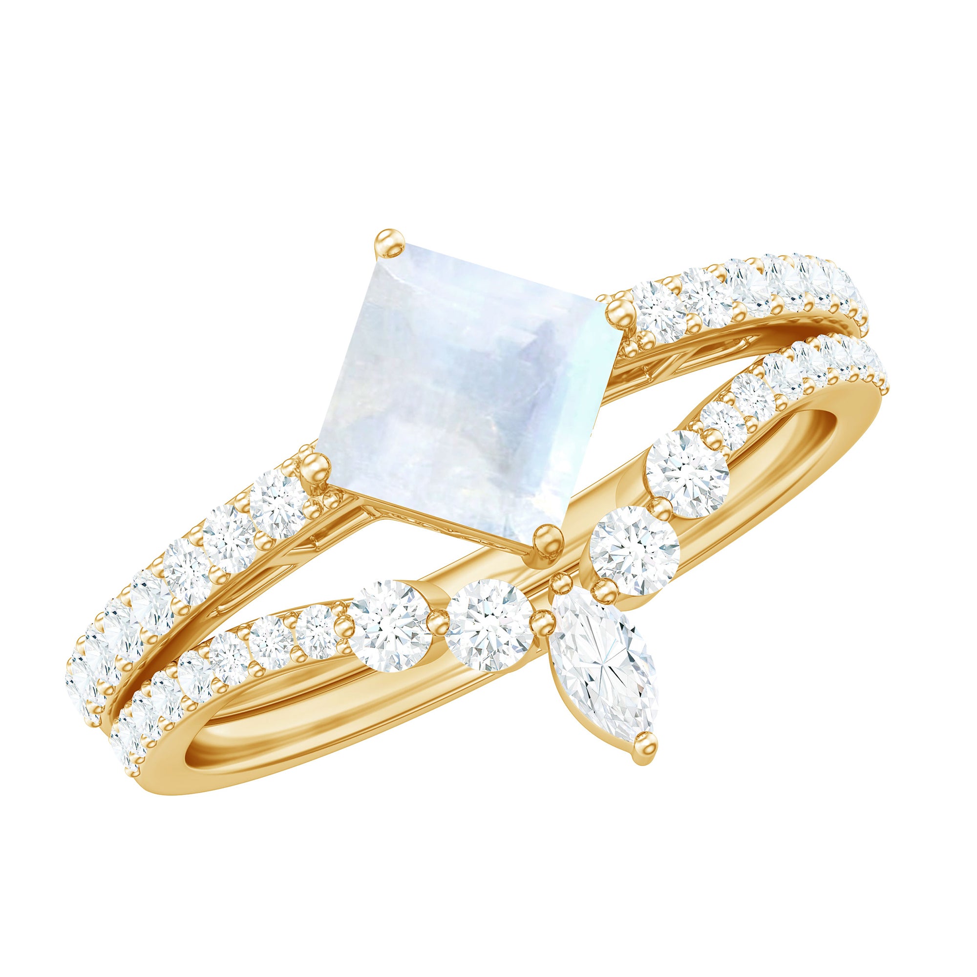 Rosec Jewels-Princess Cut Solitaire Moonstone Designer Ring Set with Diamond