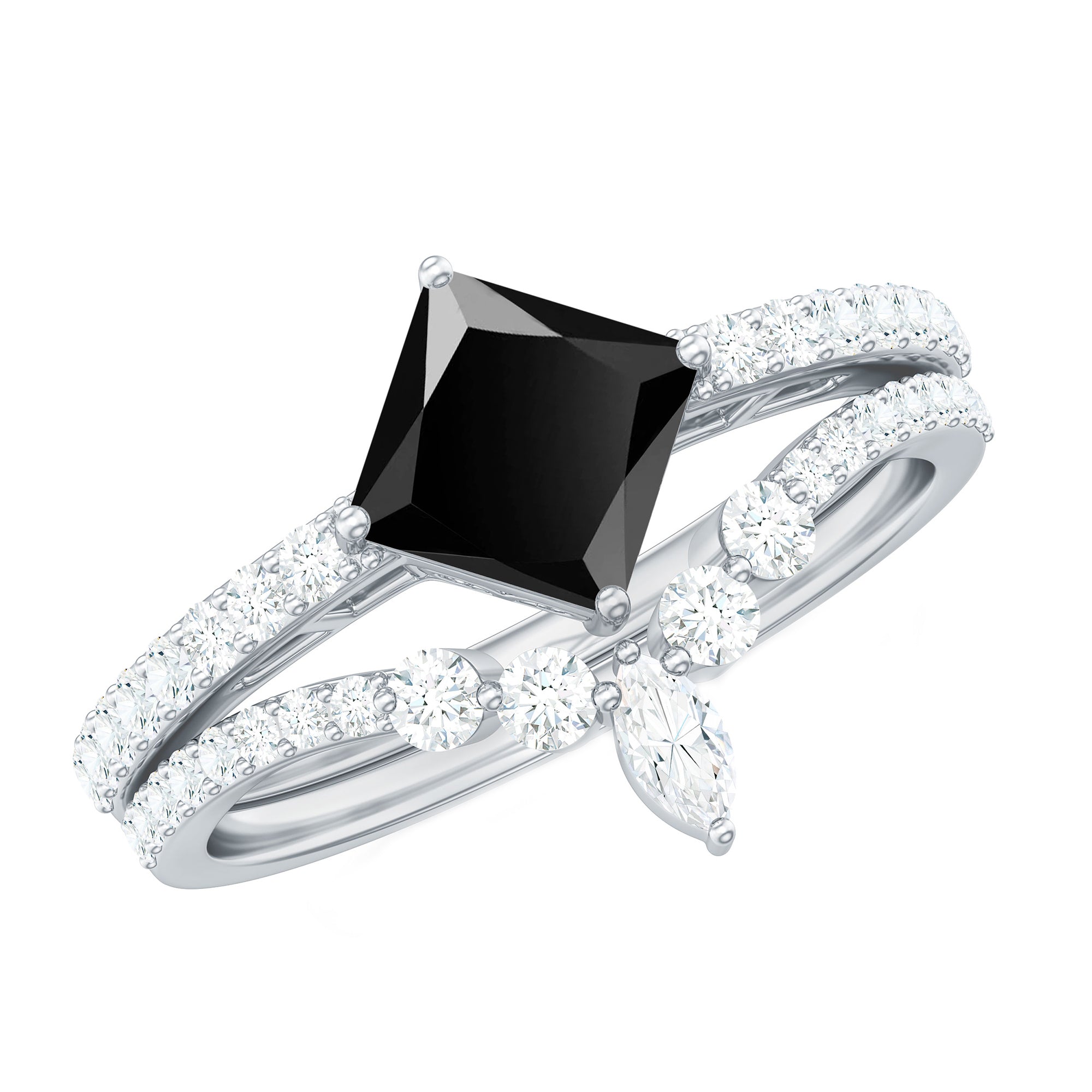 5mm Princess Cut Black Onyx Designer Wedding Rings Set with Moissanite AAA - Rosec Jewels