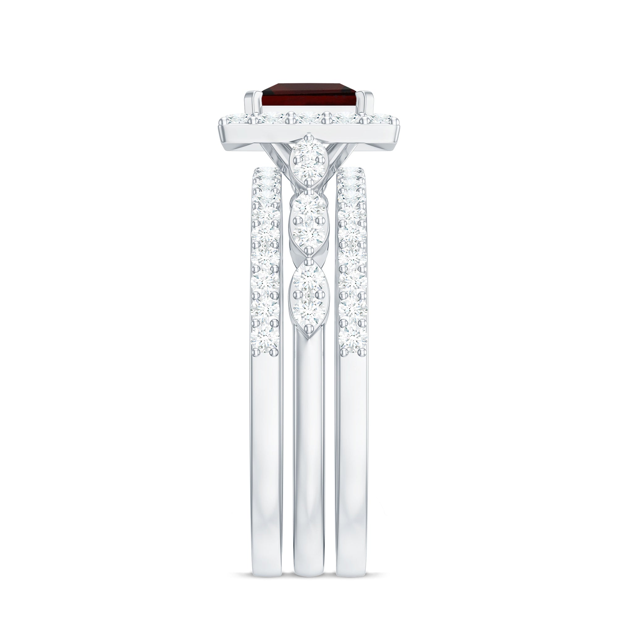 Genuine Princess Cut Garnet 3 Piece Bridal Ring Set with Moissanite AAA - Rosec Jewels