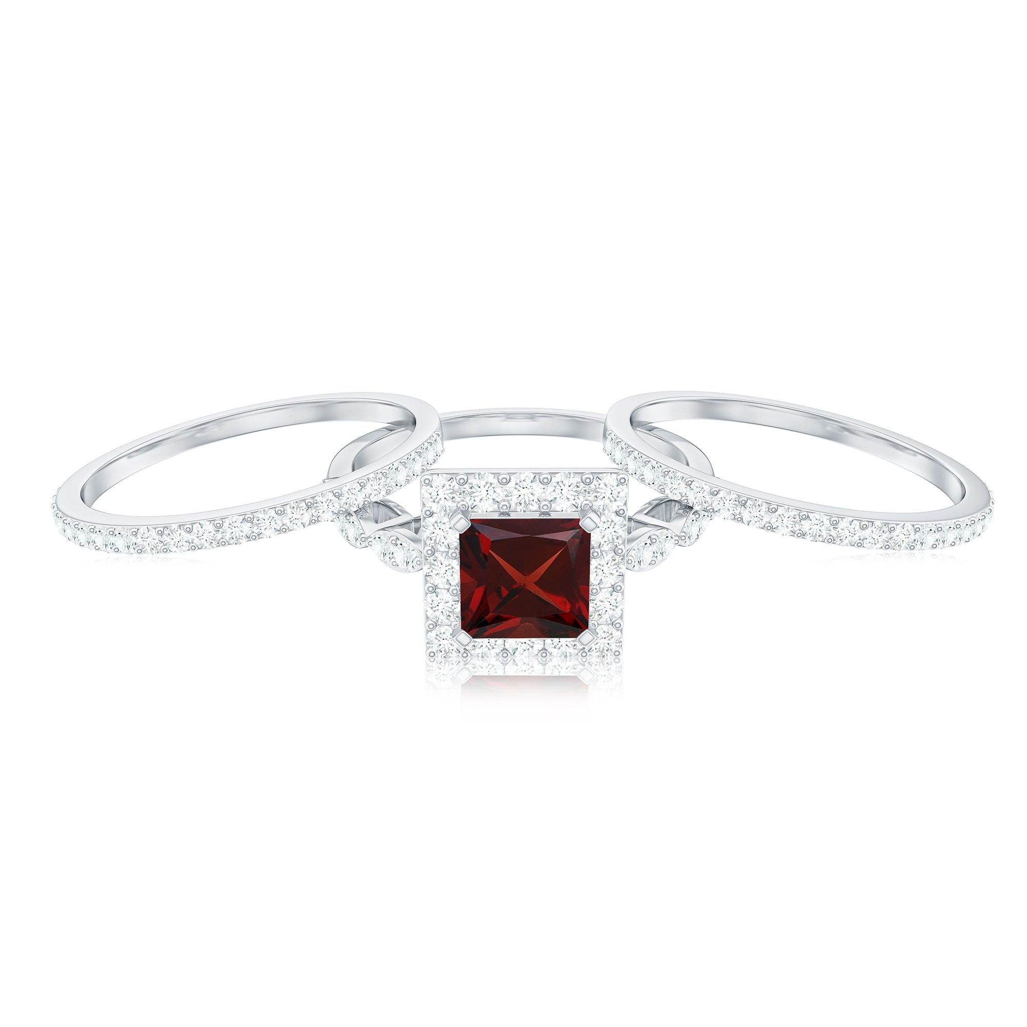 Genuine Princess Cut Garnet 3 Piece Bridal Ring Set with Moissanite AAA - Rosec Jewels