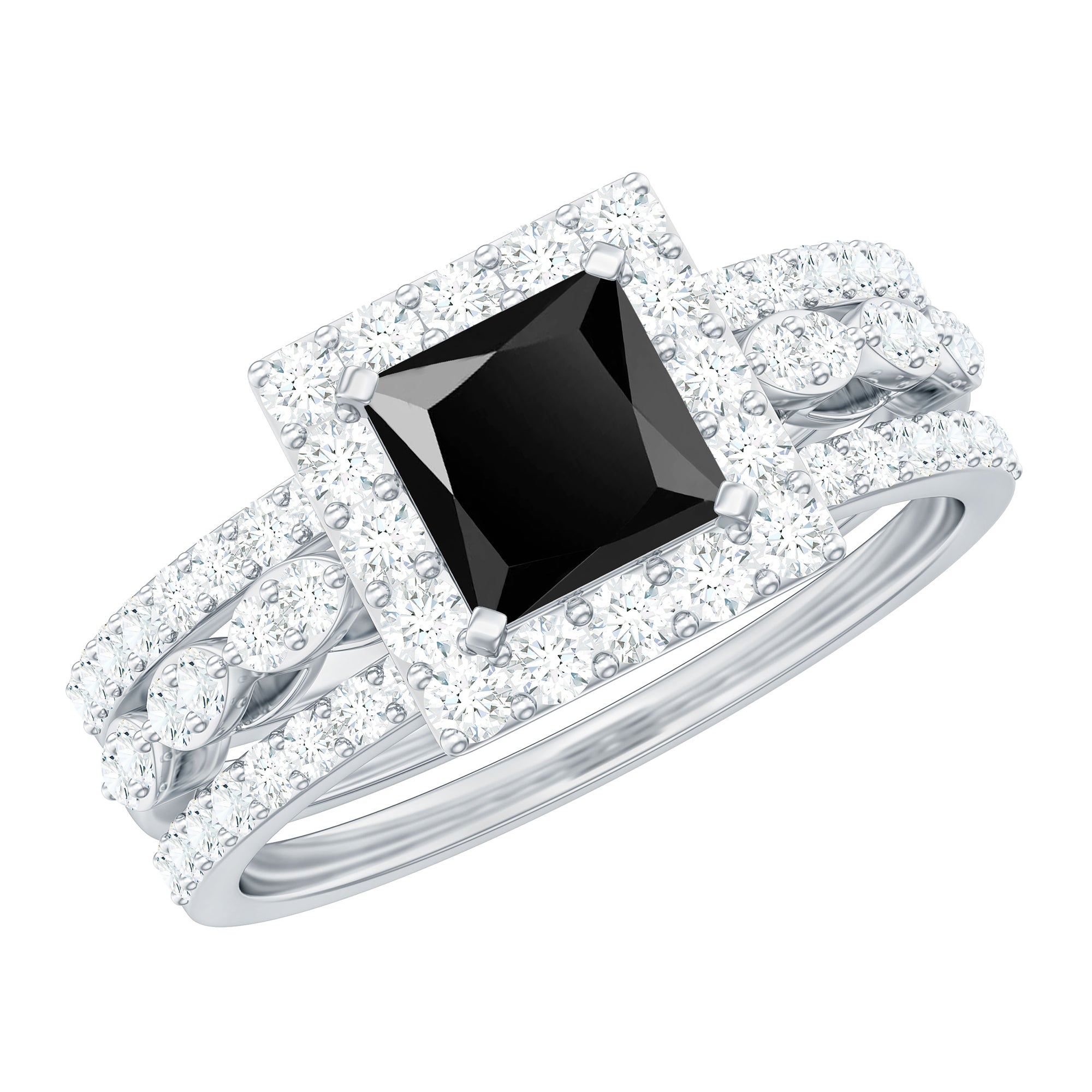 Princess Cut Black Onyx and Moissanite Trio Wedding Ring Set