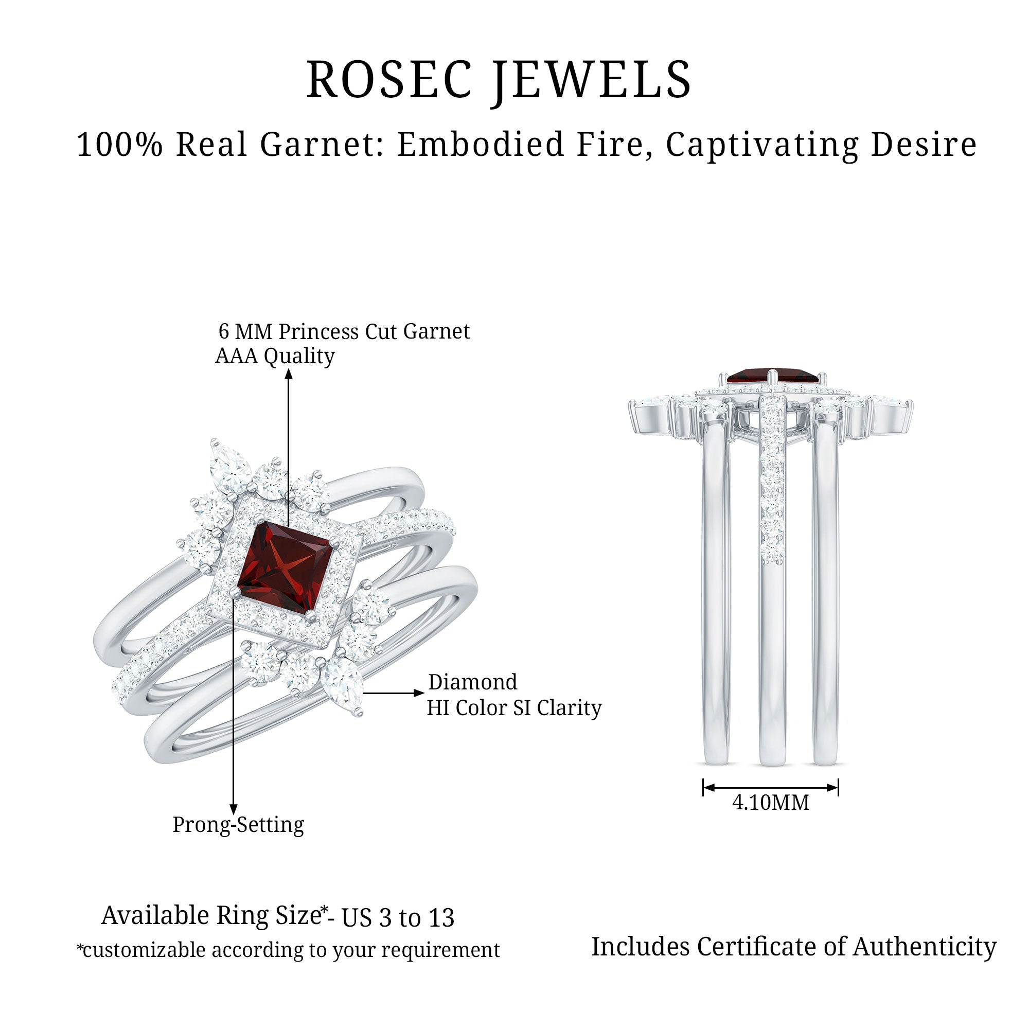 Natural Garnet Diamond 3 Piece Bridal Ring Set AAA - Rosec Jewels