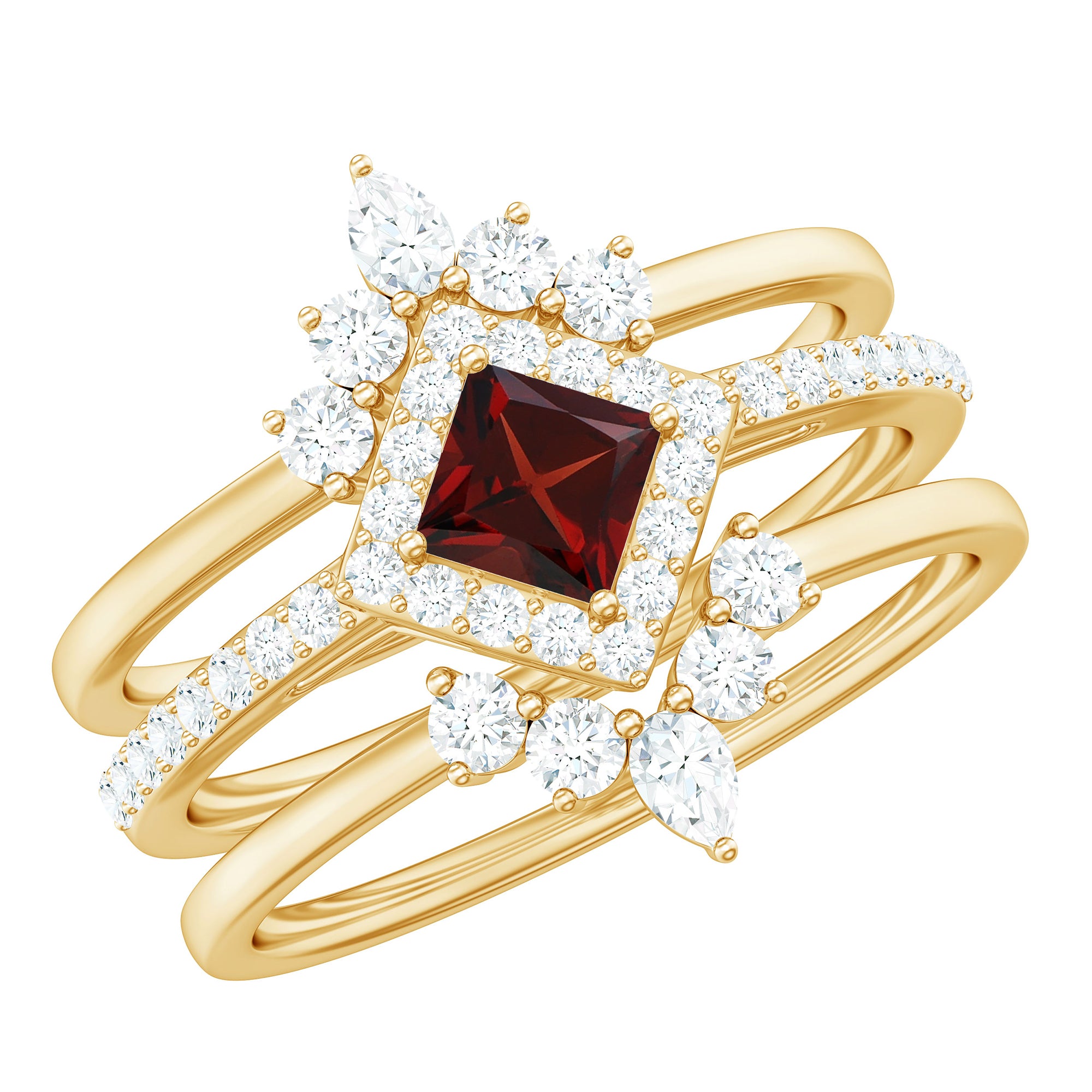 Natural Garnet Diamond 3 Piece Bridal Ring Set AAA - Rosec Jewels
