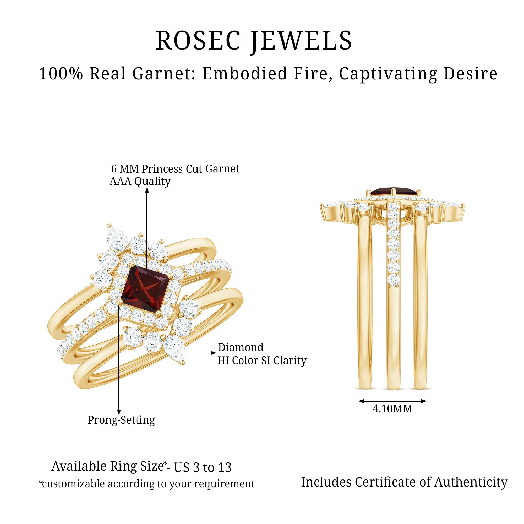 Natural Garnet Diamond 3 Piece Bridal Ring Set AAA - Rosec Jewels