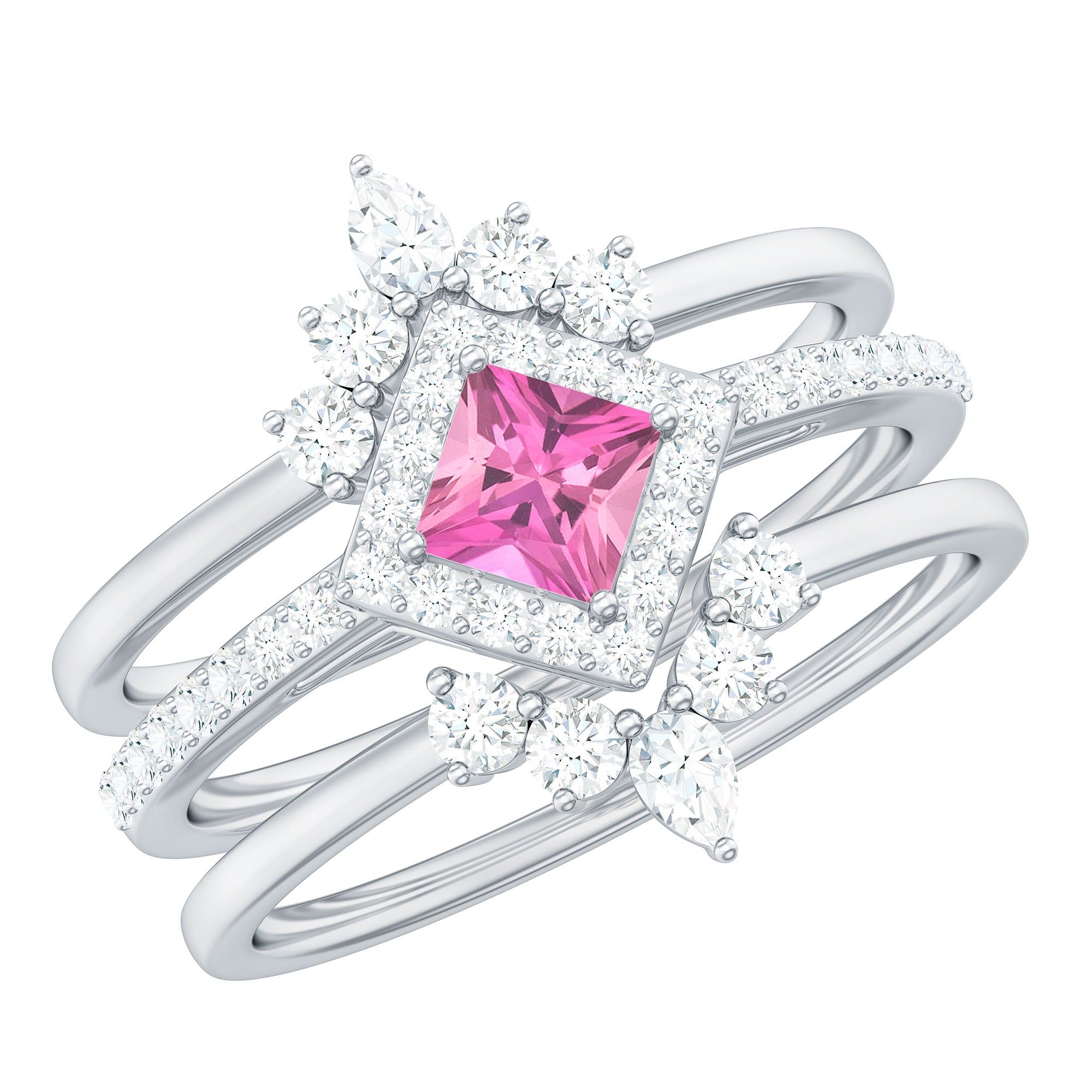 Real Pink tourmaline and Moissanite Trio Wedding Ring Set AAA - Rosec Jewels
