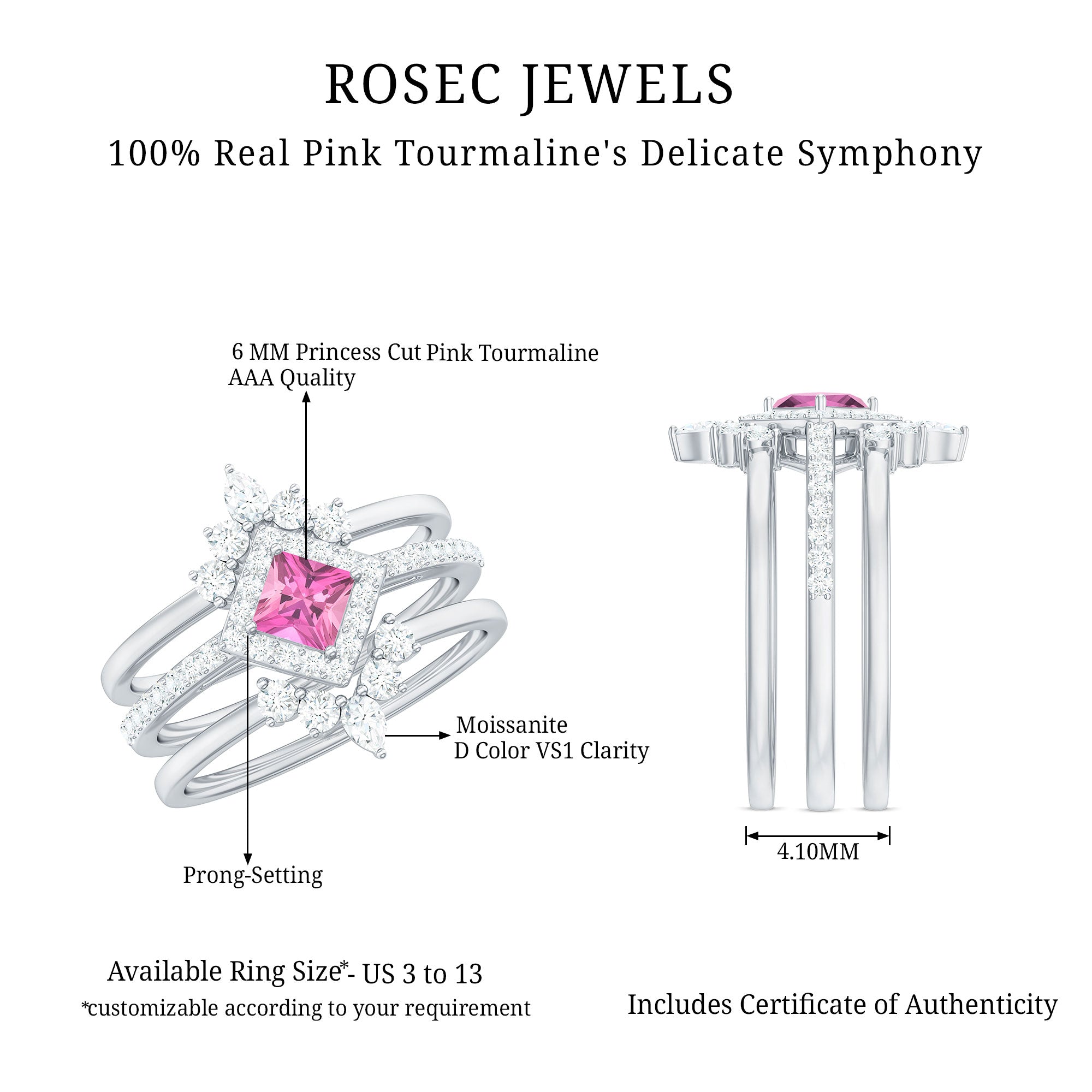 Real Pink tourmaline and Moissanite Trio Wedding Ring Set AAA - Rosec Jewels