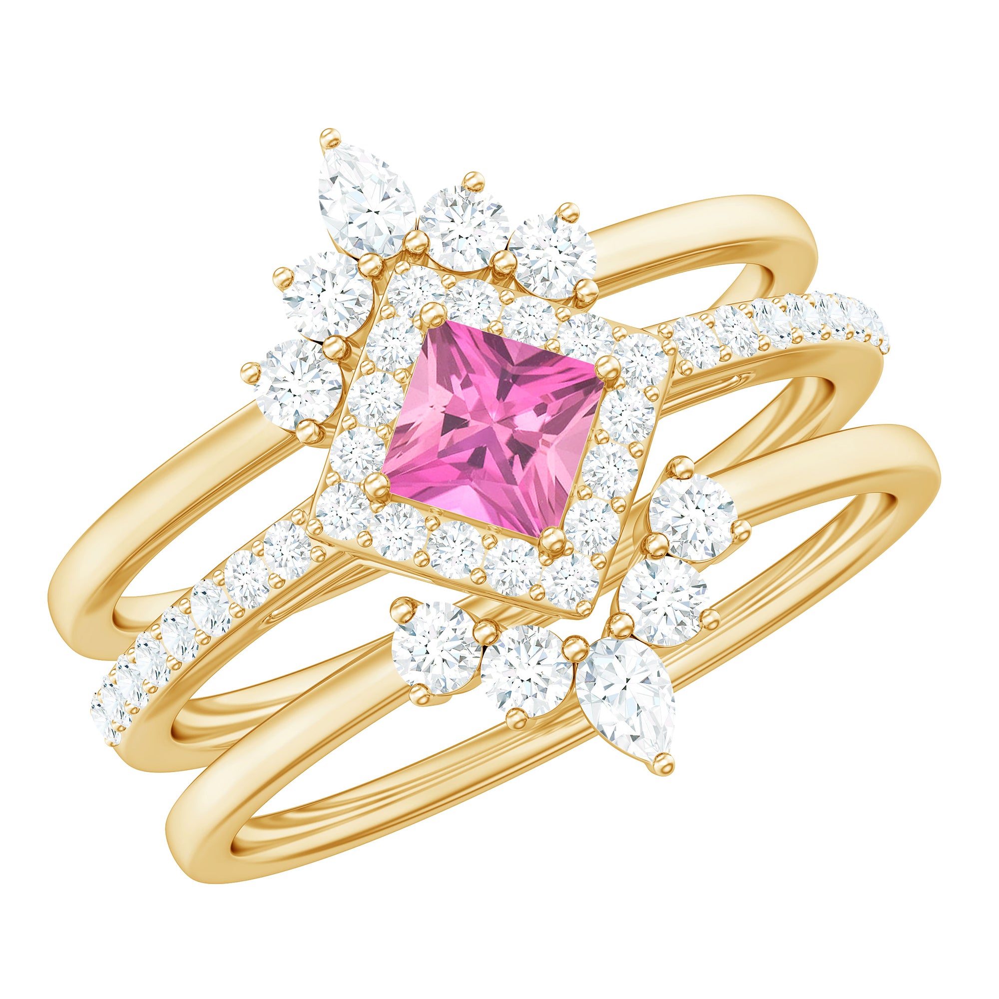 Real Pink tourmaline and Moissanite Trio Wedding Ring Set AAA - Rosec Jewels