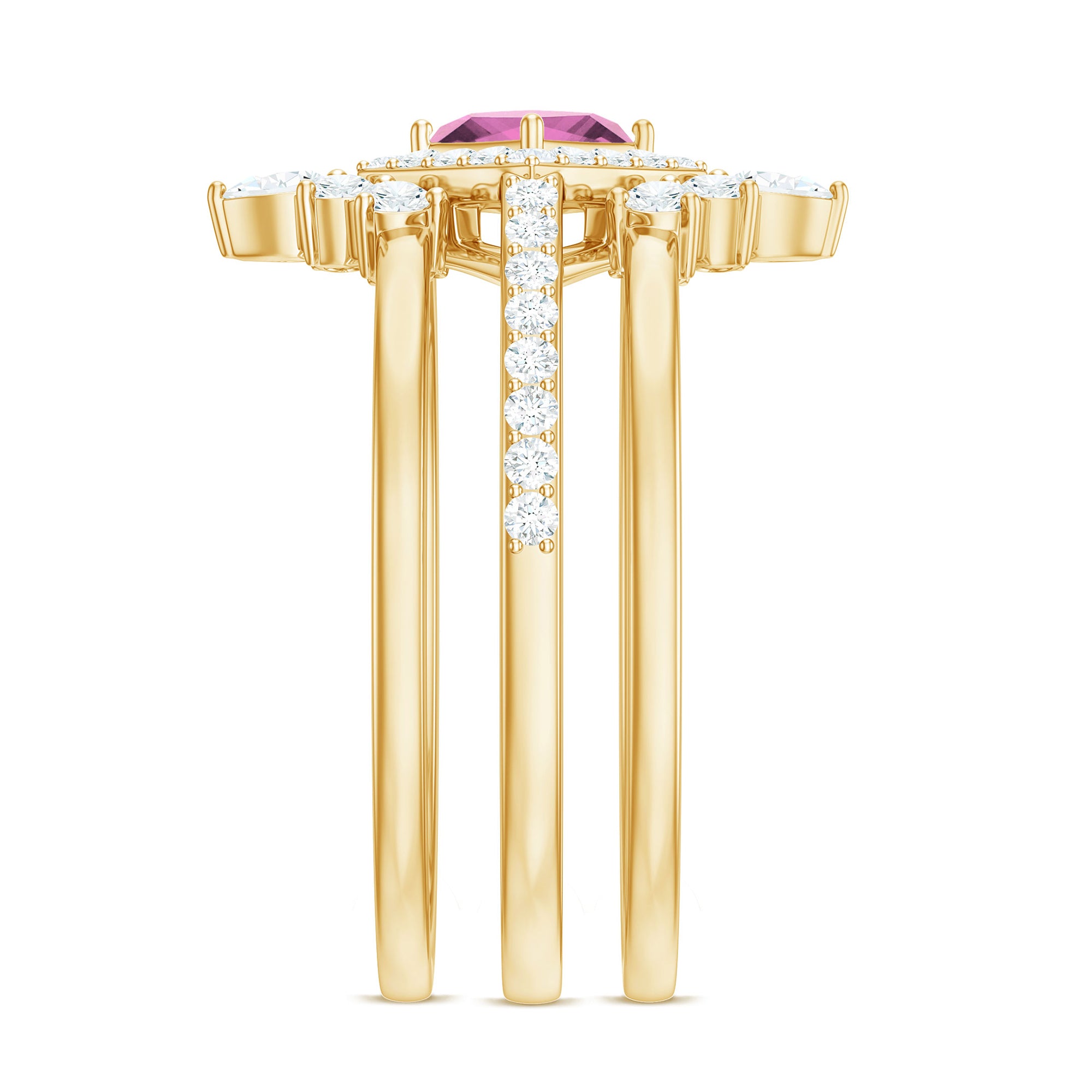Real Pink tourmaline and Moissanite Trio Wedding Ring Set AAA - Rosec Jewels