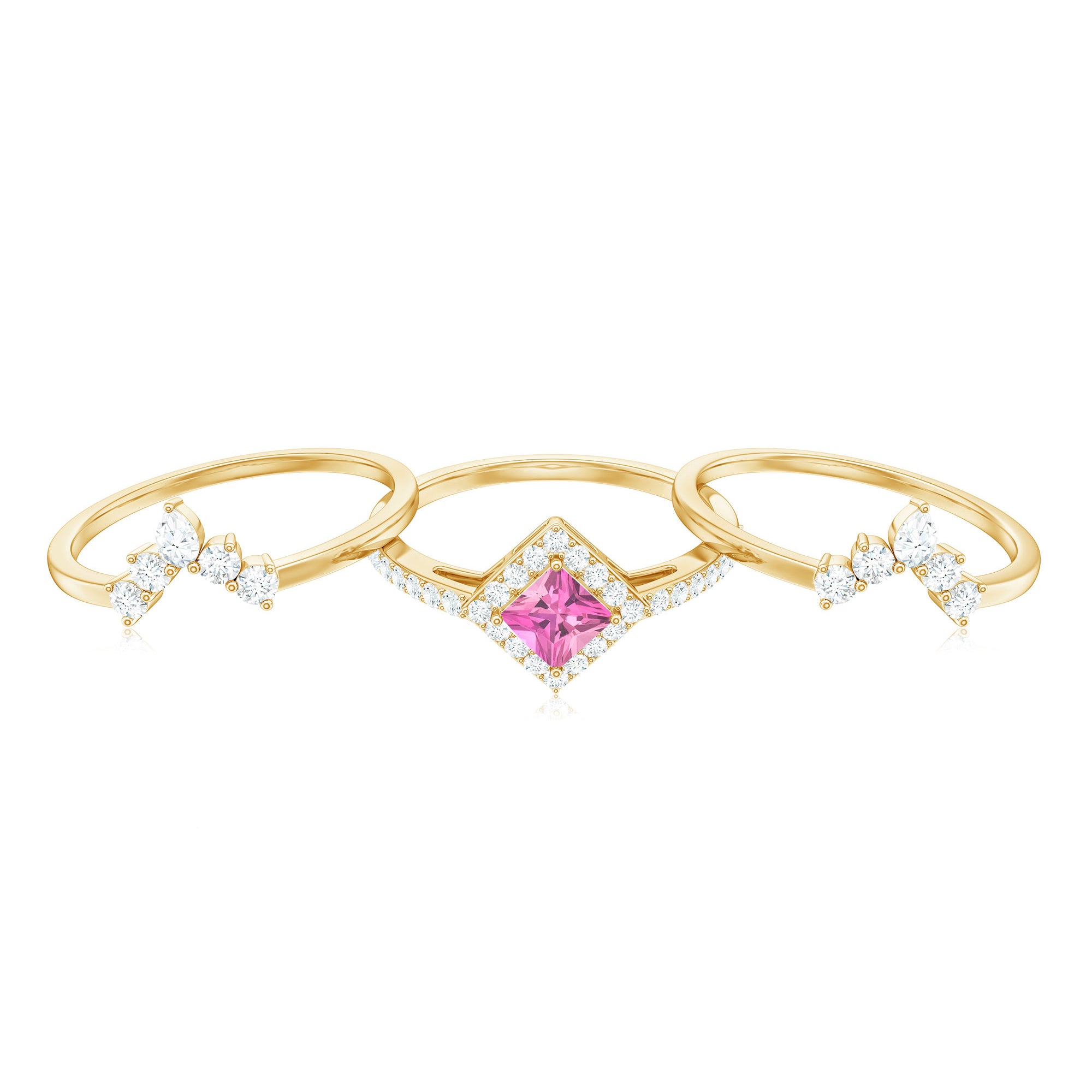 Real Pink tourmaline and Moissanite Trio Wedding Ring Set AAA - Rosec Jewels