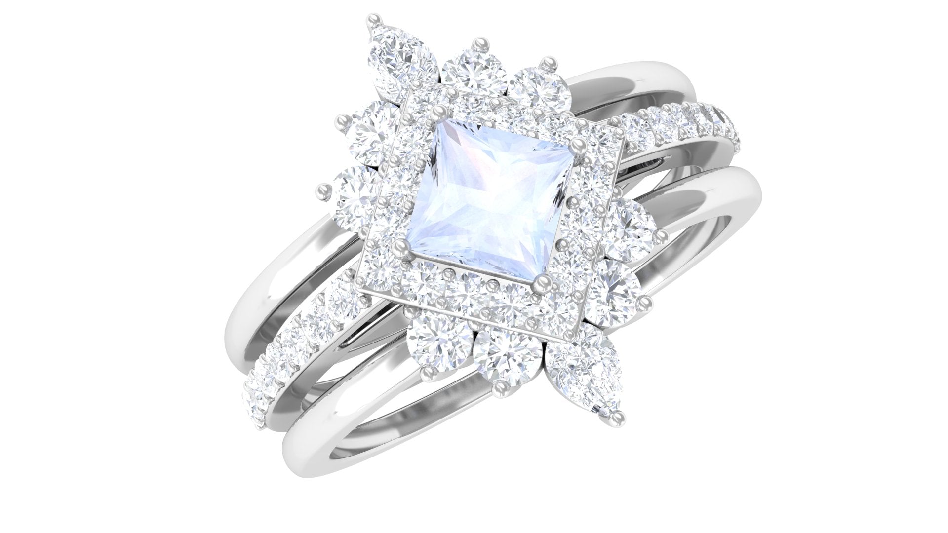 Natural Moonstone and Moissanite Trio Wedding Ring Set AAA - Rosec Jewels