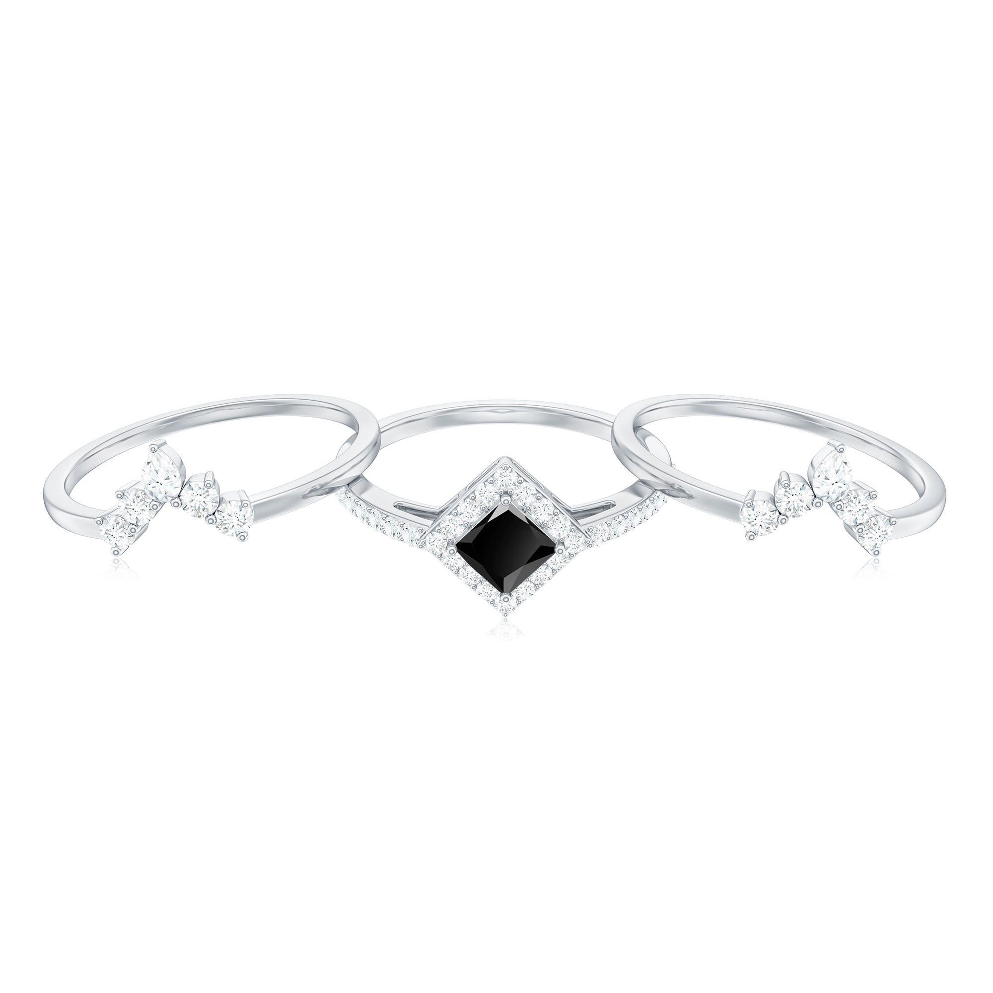 Certified 5mm Princess Cut Black Onyx Wedding Rings Set with Moissanite Band AAA - Rosec Jewels