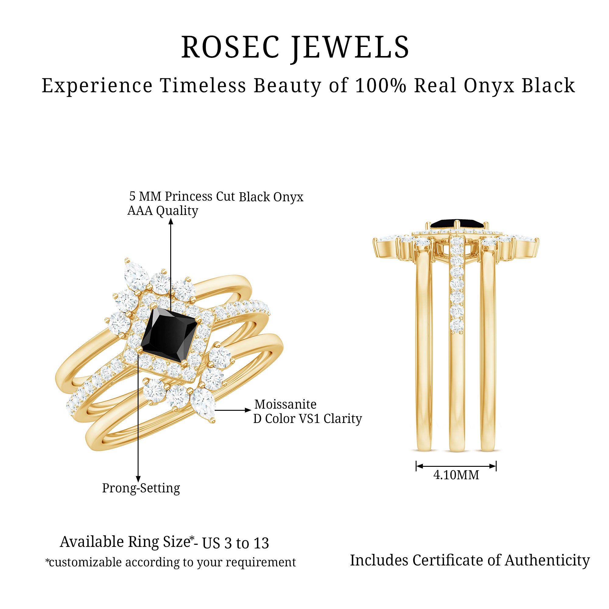 Certified 5mm Princess Cut Black Onyx Wedding Rings Set with Moissanite Band AAA - Rosec Jewels