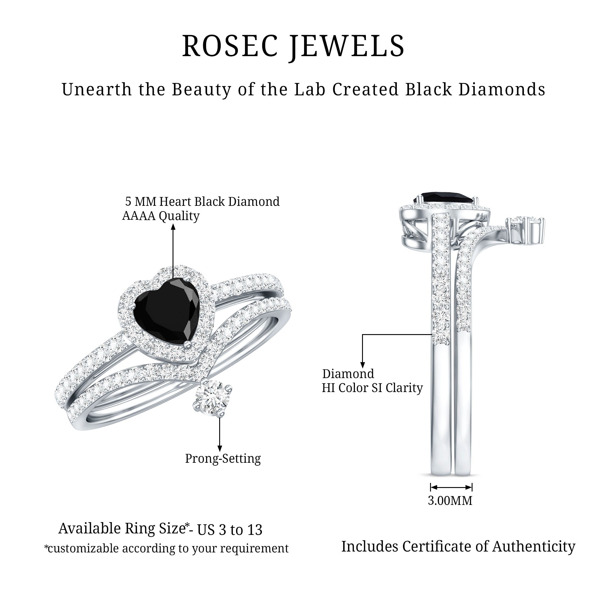 Created Black Diamond Heart Engagement Ring Set with Diamond AAAA ( Synthetic ) - Rosec Jewels
