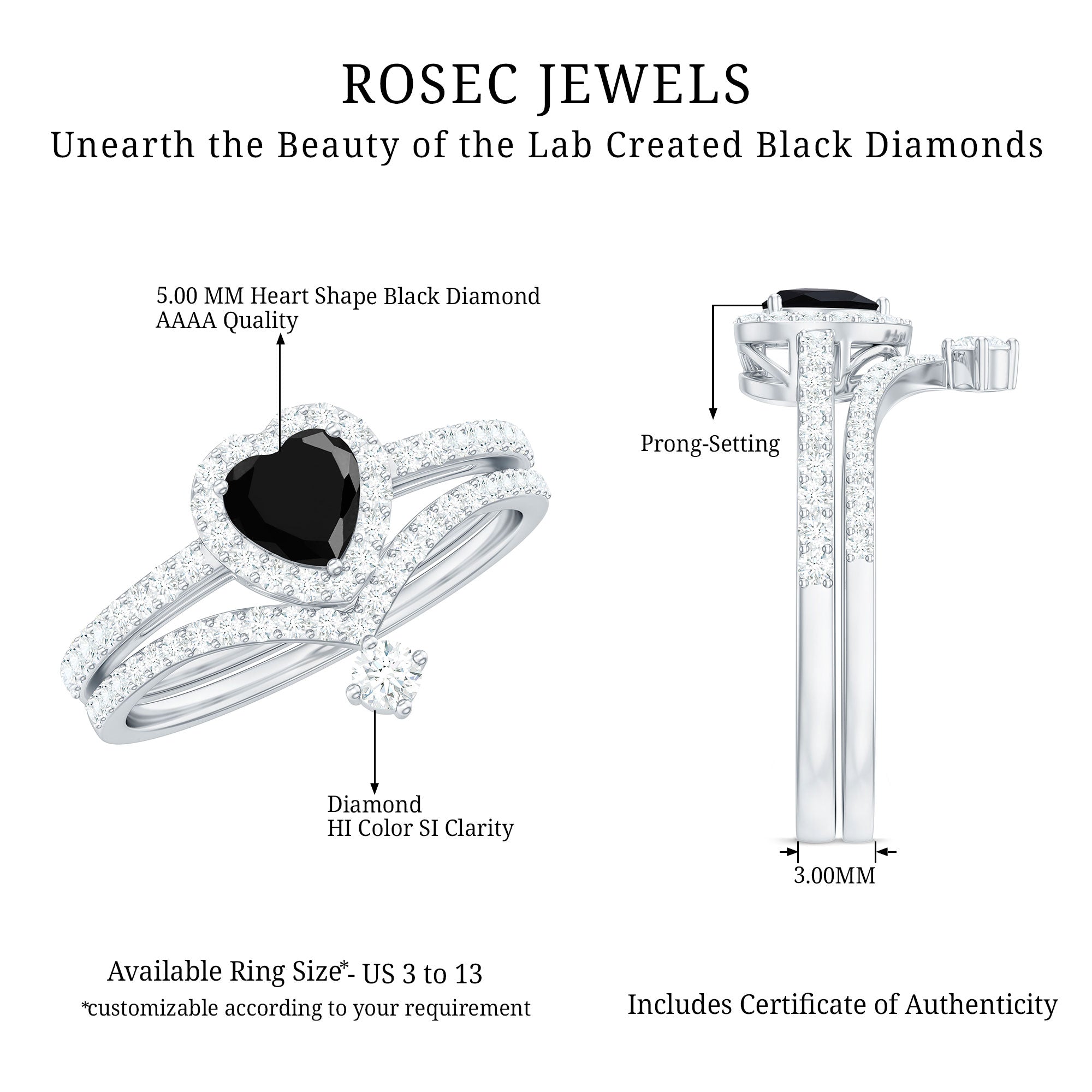 Rosec Jewels-Created Black Diamond Heart Engagement Ring Set with Diamond