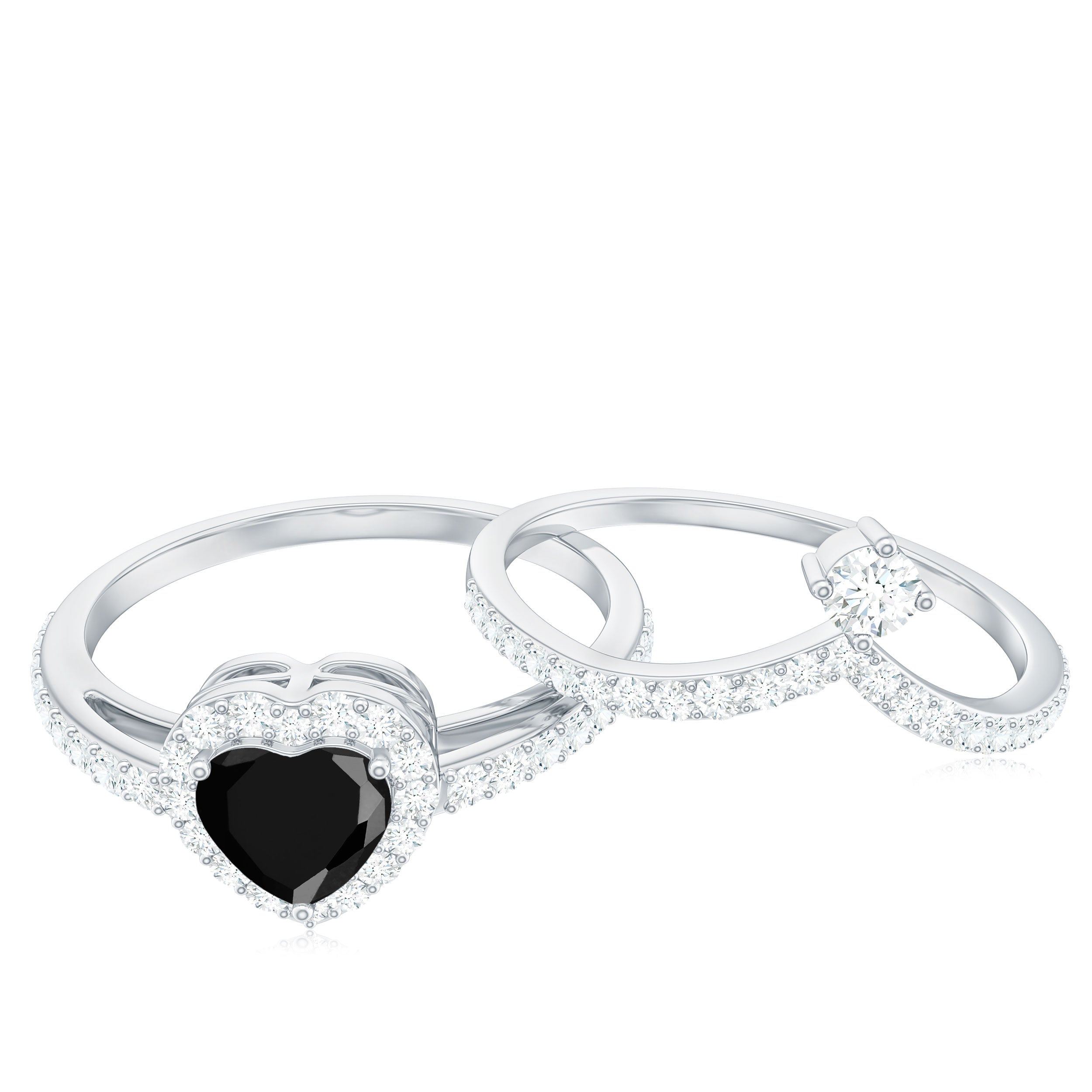 Rosec Jewels-Created Black Diamond Heart Engagement Ring Set with Diamond