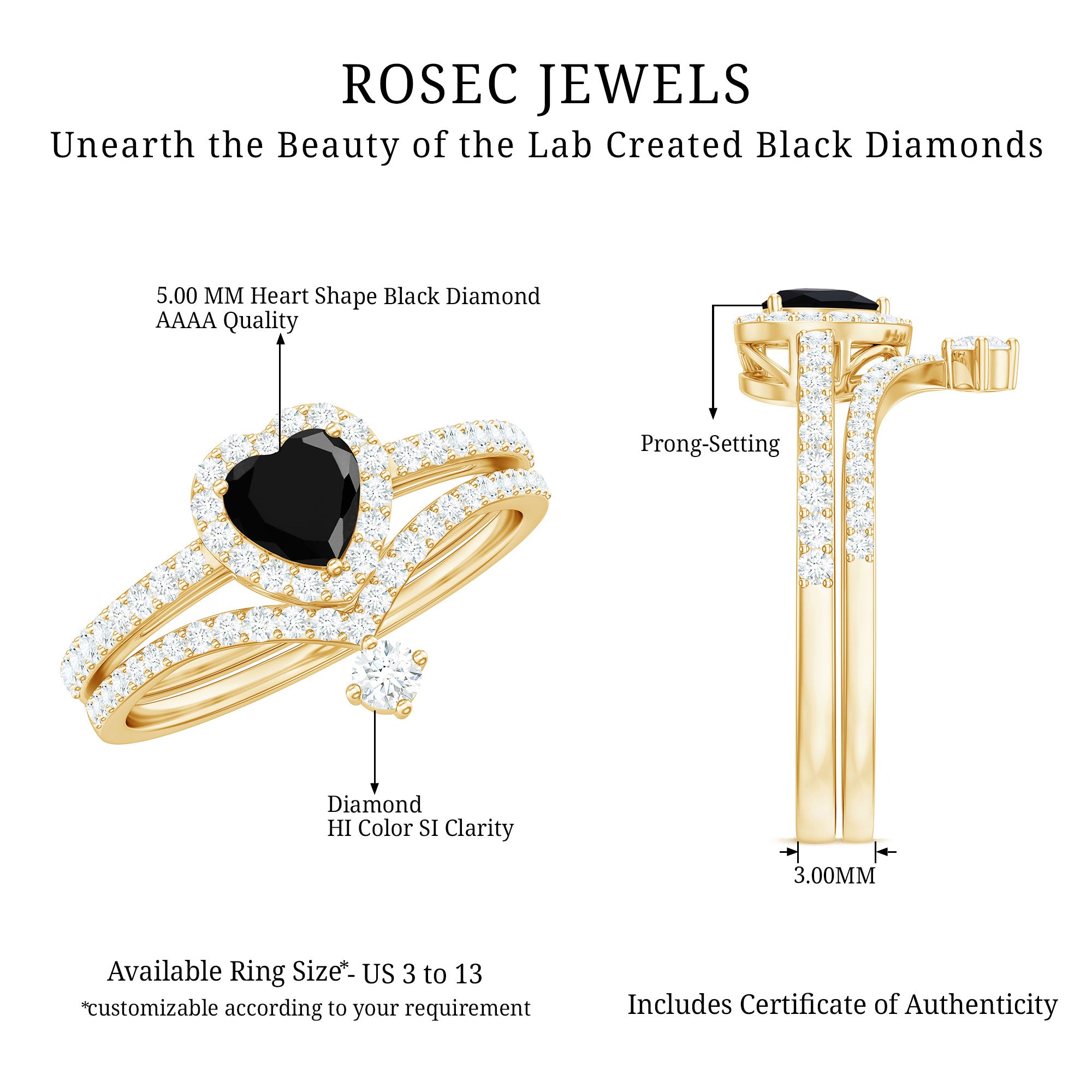 Rosec Jewels-Created Black Diamond Heart Engagement Ring Set with Diamond