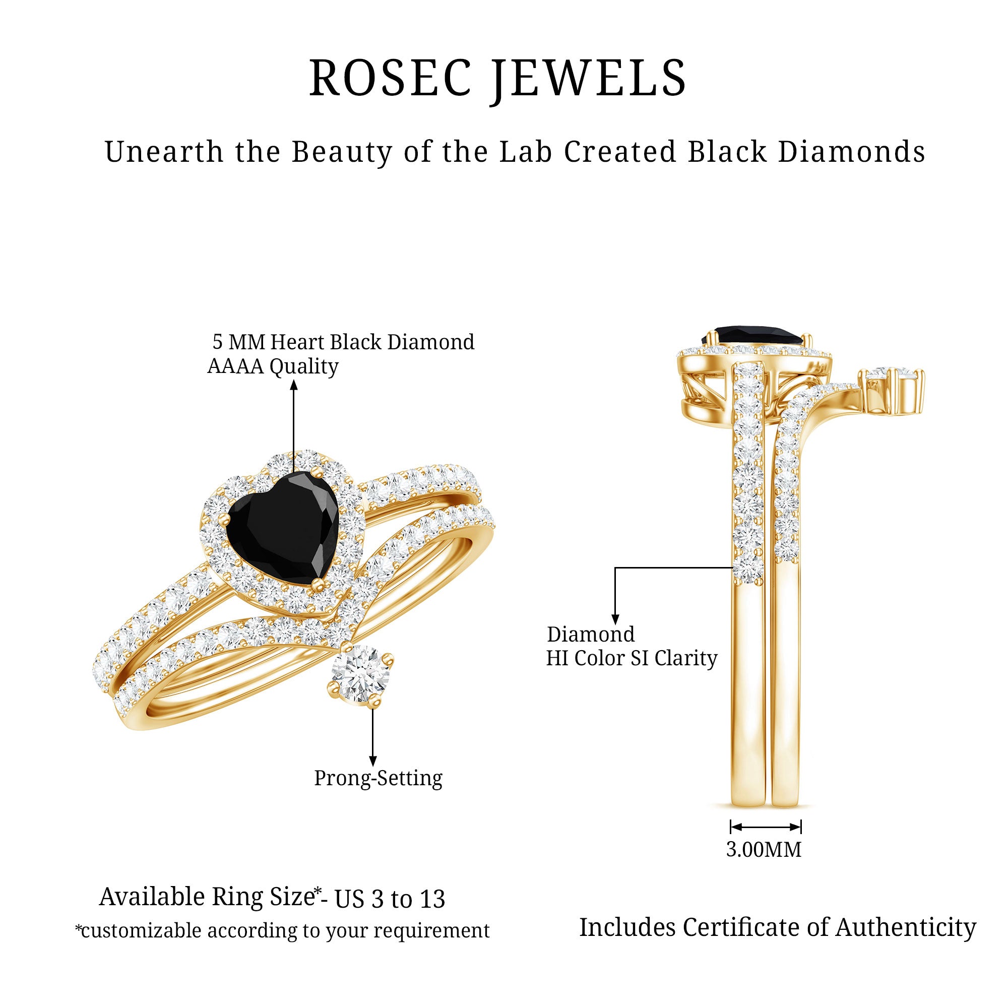 Created Black Diamond Heart Engagement Ring Set with Diamond AAAA ( Synthetic ) - Rosec Jewels