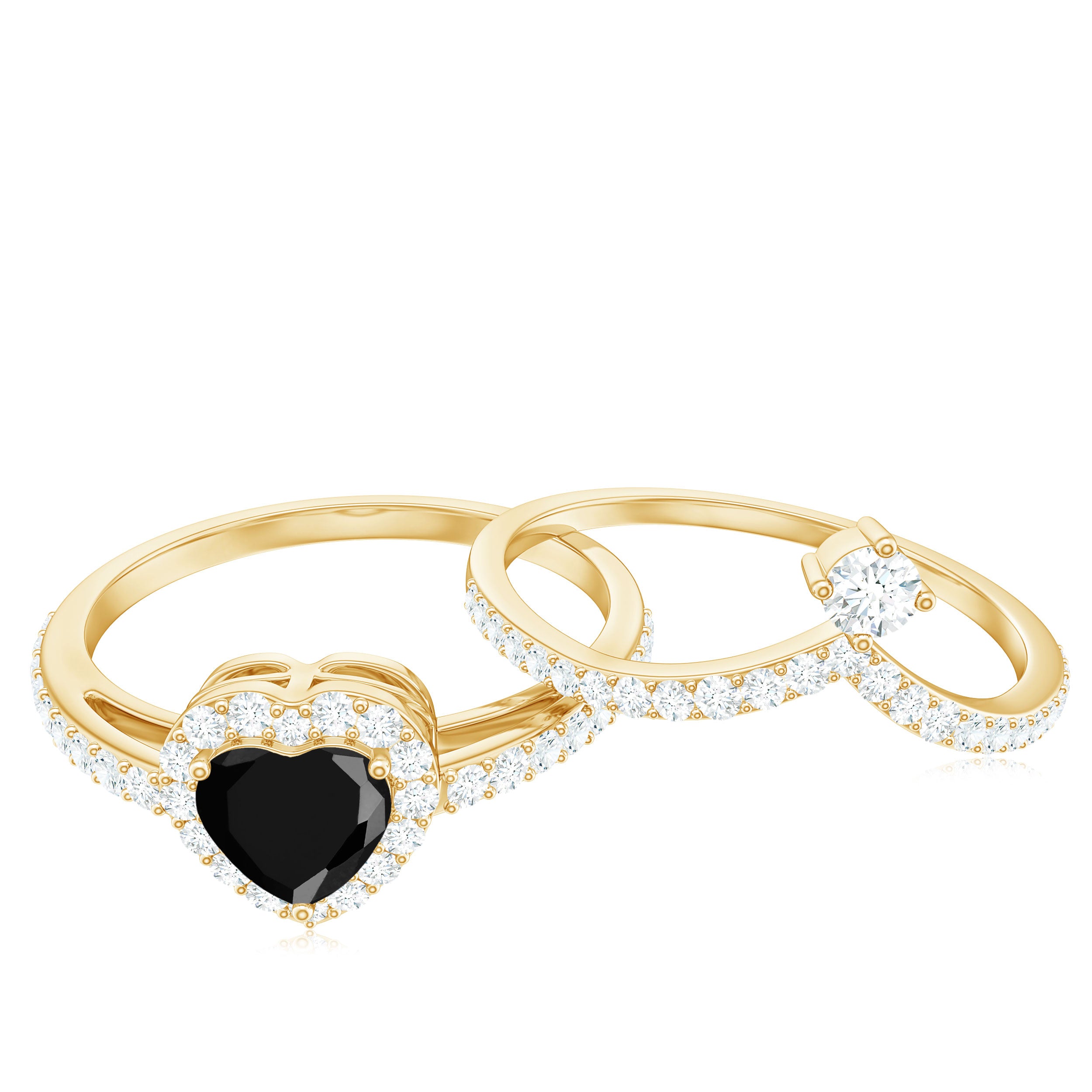 Rosec Jewels-Created Black Diamond Heart Engagement Ring Set with Diamond