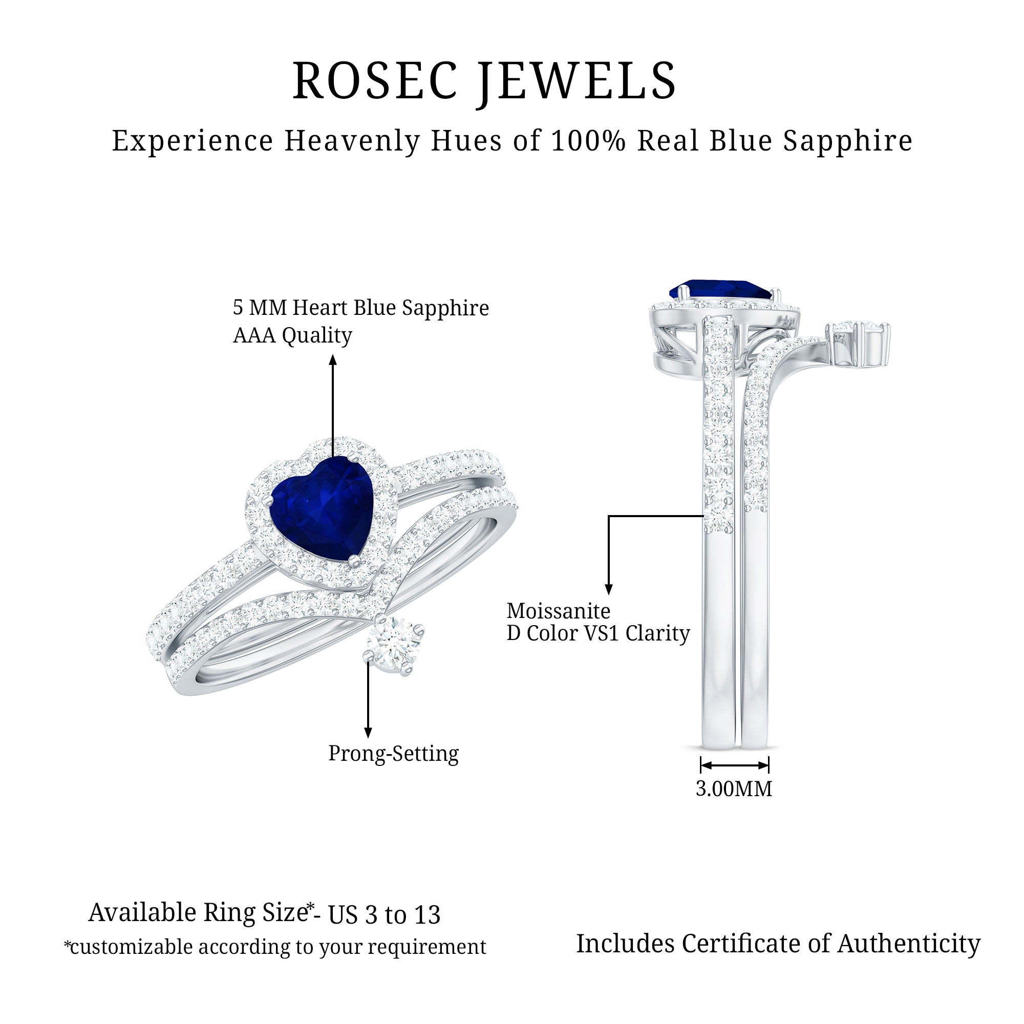 Real Heart Shape Blue Sapphire and Diamond Halo Wedding Ring Set AAA - Rosec Jewels