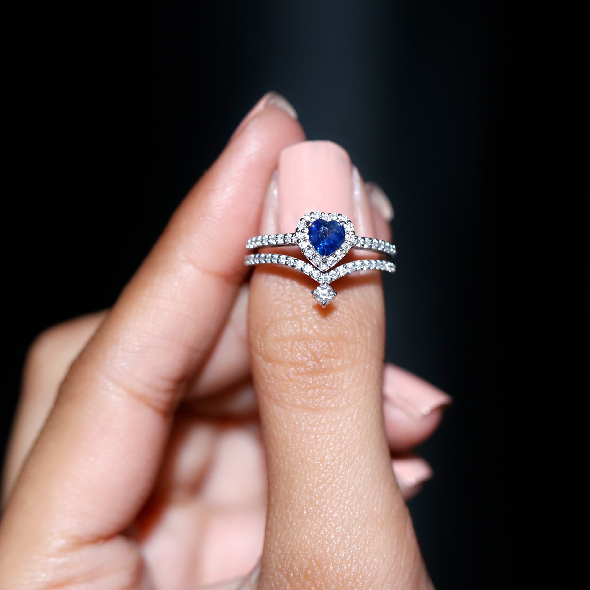 Real Heart Shape Blue Sapphire and Diamond Halo Wedding Ring Set AAA - Rosec Jewels