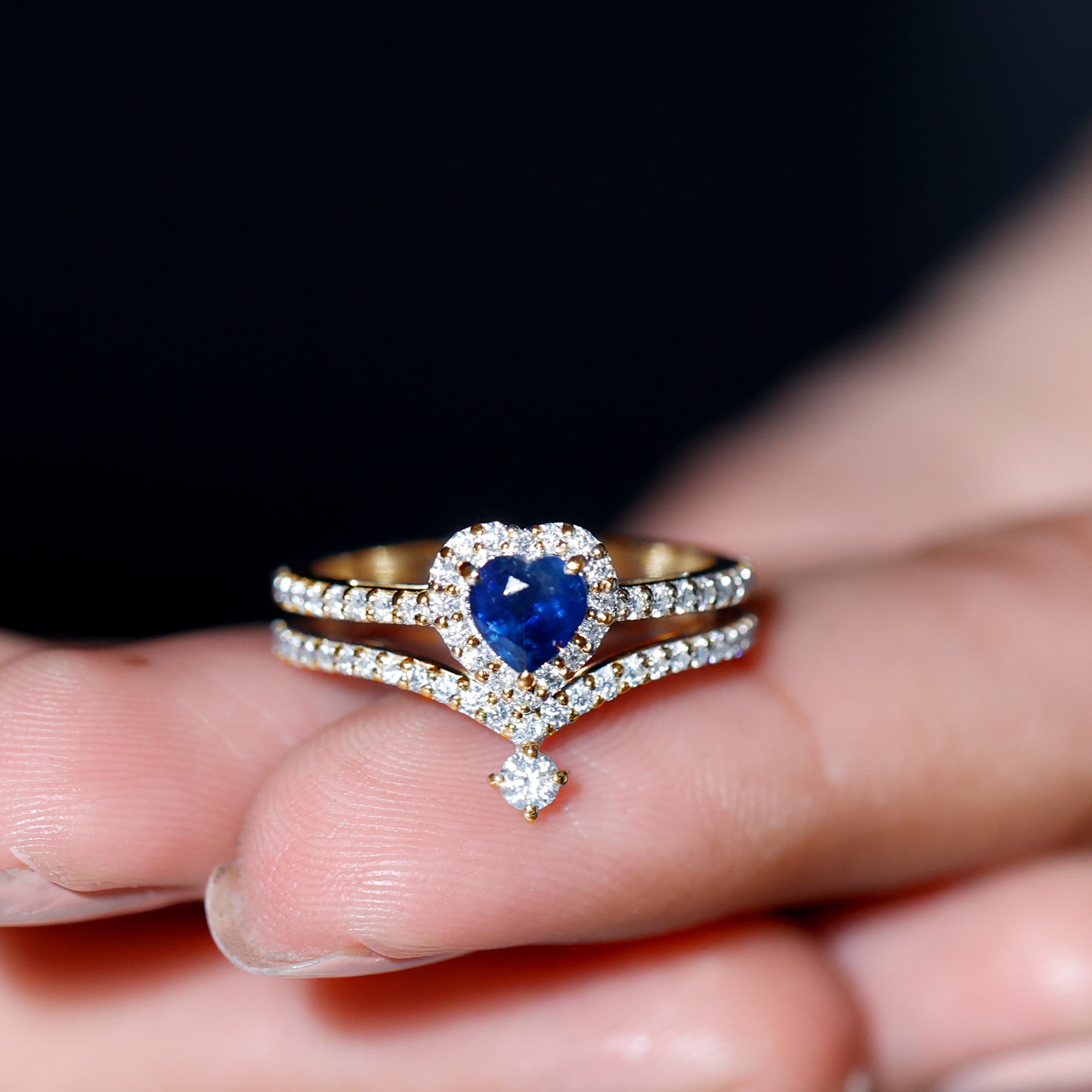 Real Heart Shape Blue Sapphire and Diamond Halo Wedding Ring Set AAA - Rosec Jewels