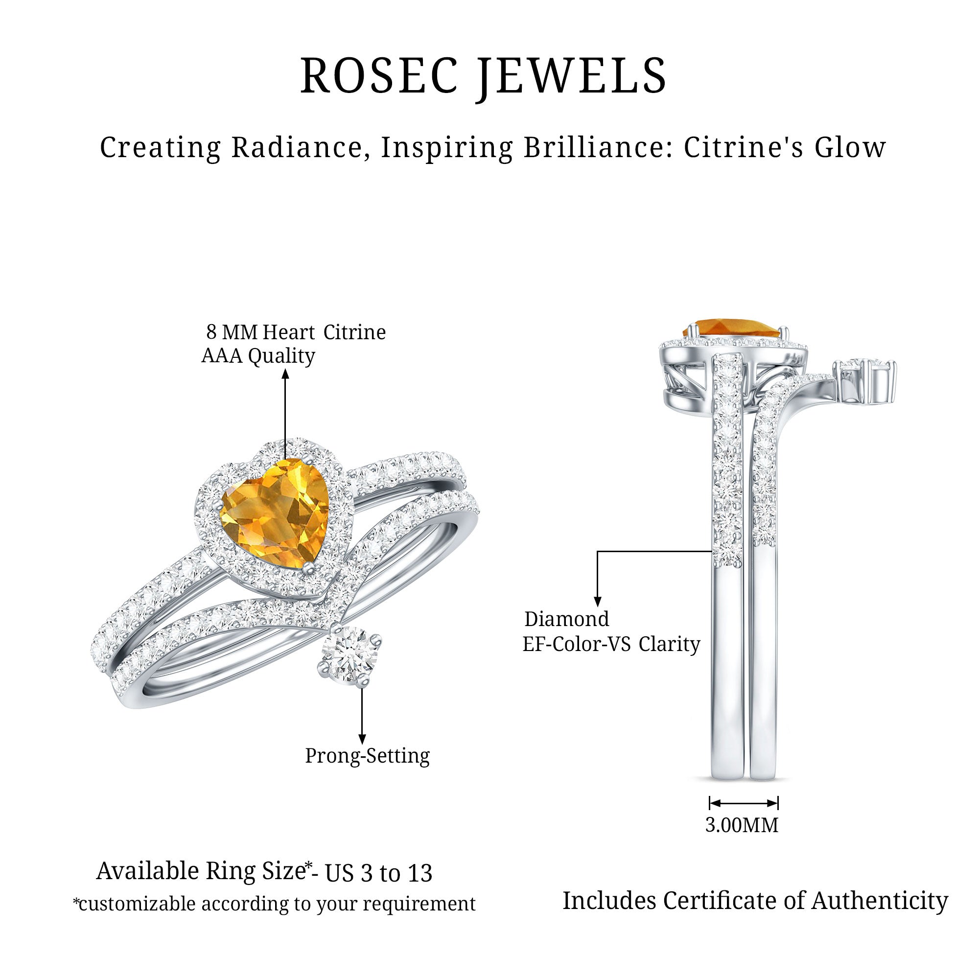 Certified Real Citrine Heart Shape Engagement Ring with Diamond Enhancer AAA - Rosec Jewels