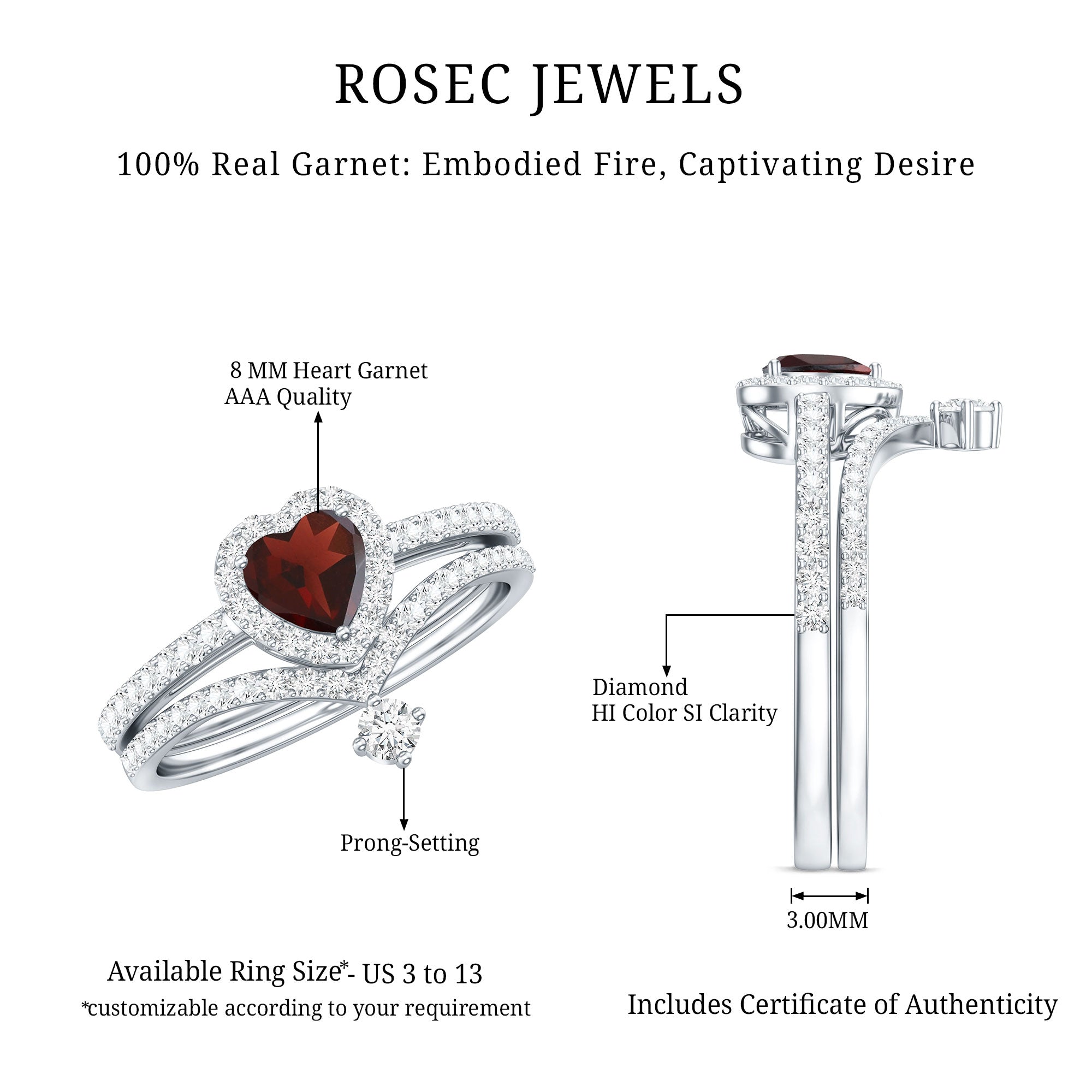Natural Garnet Diamond Heart Engagement Ring Wedding Band Set AAA - Rosec Jewels