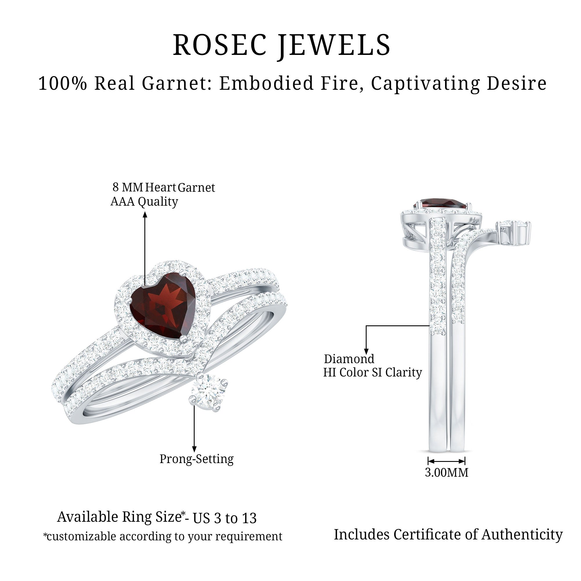 Natural Garnet Diamond Heart Engagement Ring Wedding Band Set AAA - Rosec Jewels