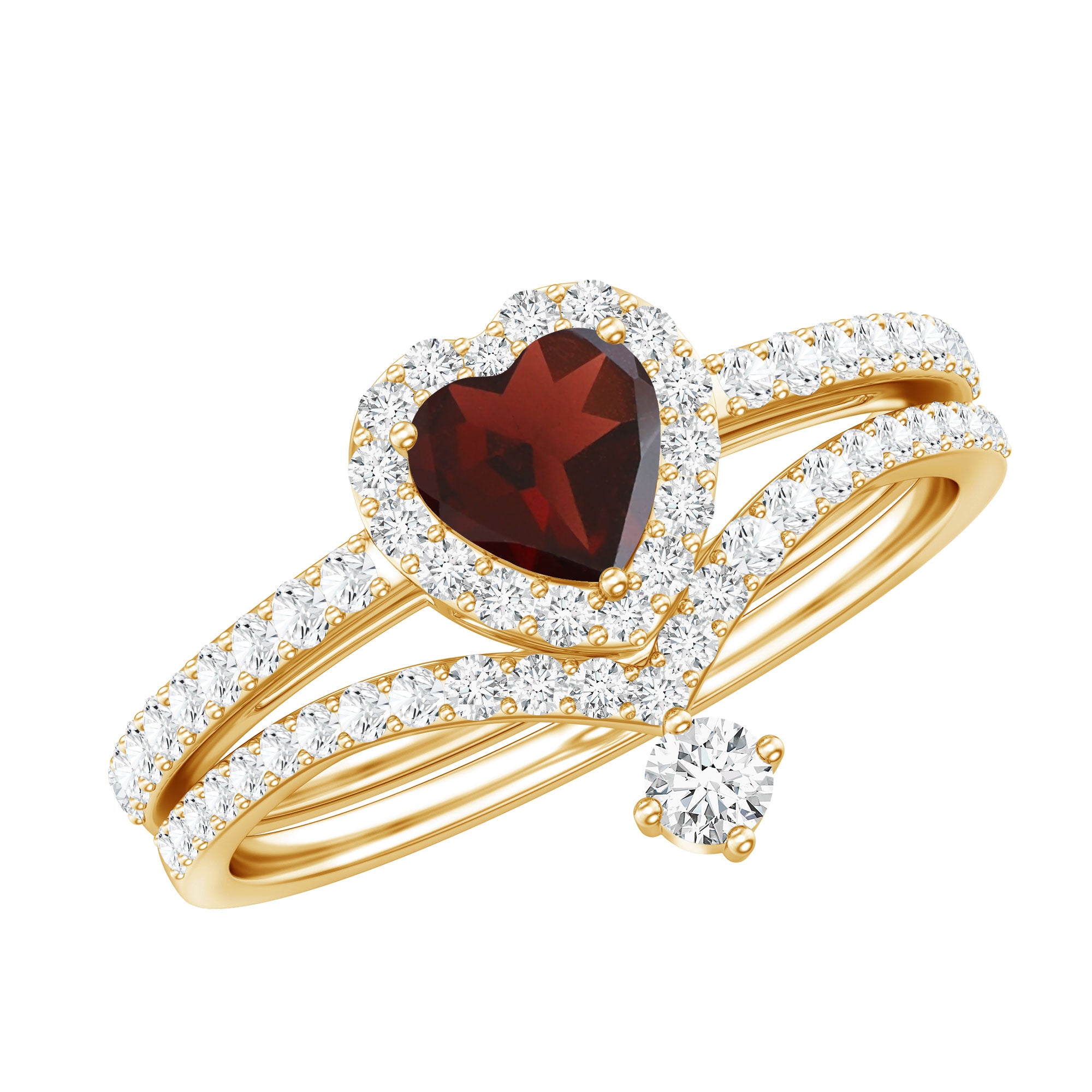 Natural Garnet Diamond Heart Engagement Ring Wedding Band Set AAA - Rosec Jewels
