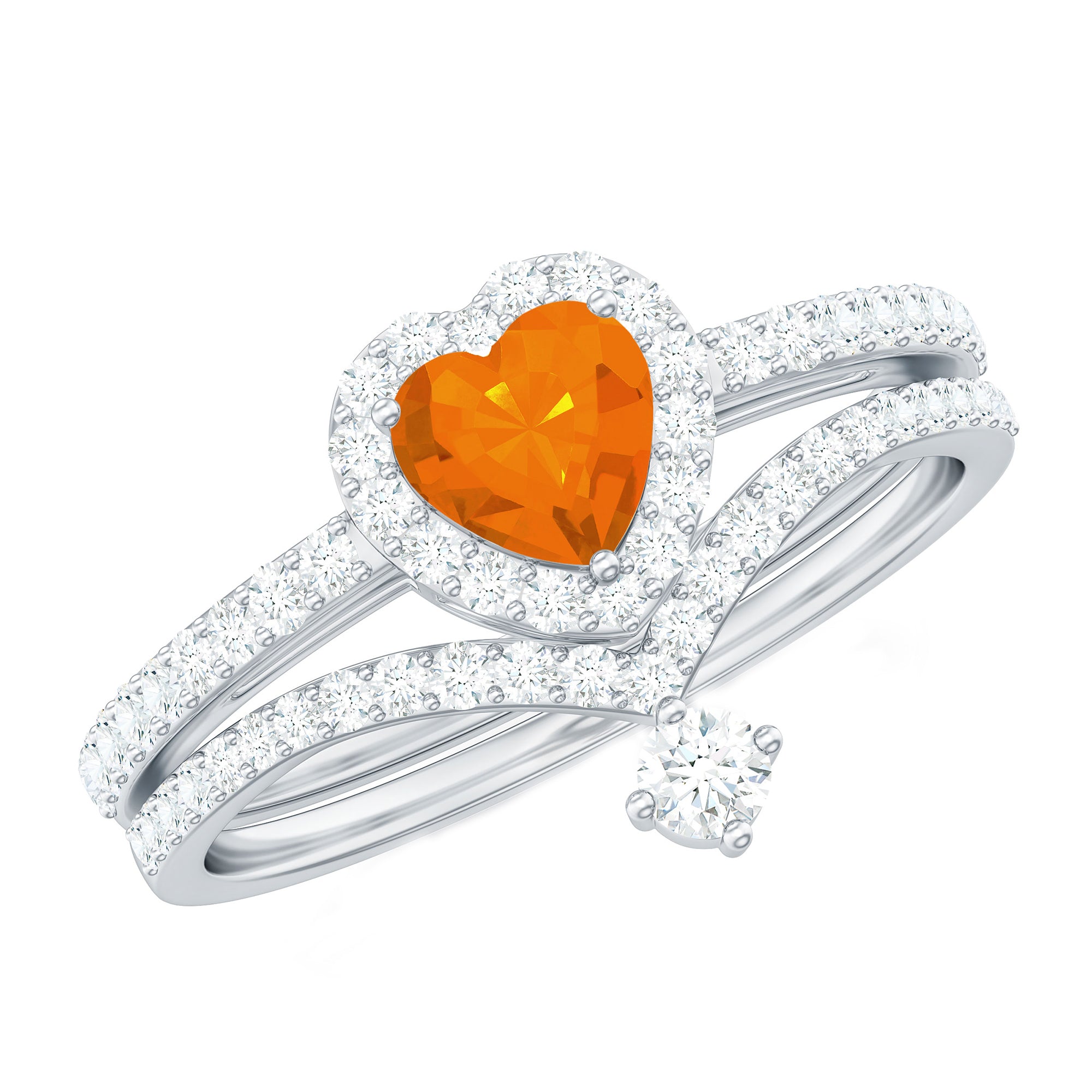 Heart Shape Fire Opal Ring Set with Moissanite