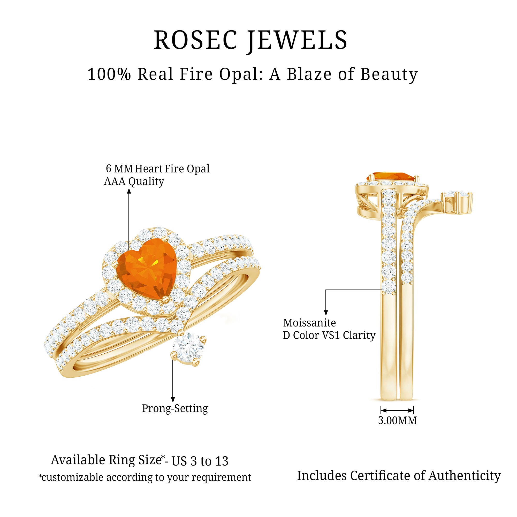 Heart Shape Fire Opal Ring Set with Moissanite AAA - Rosec Jewels