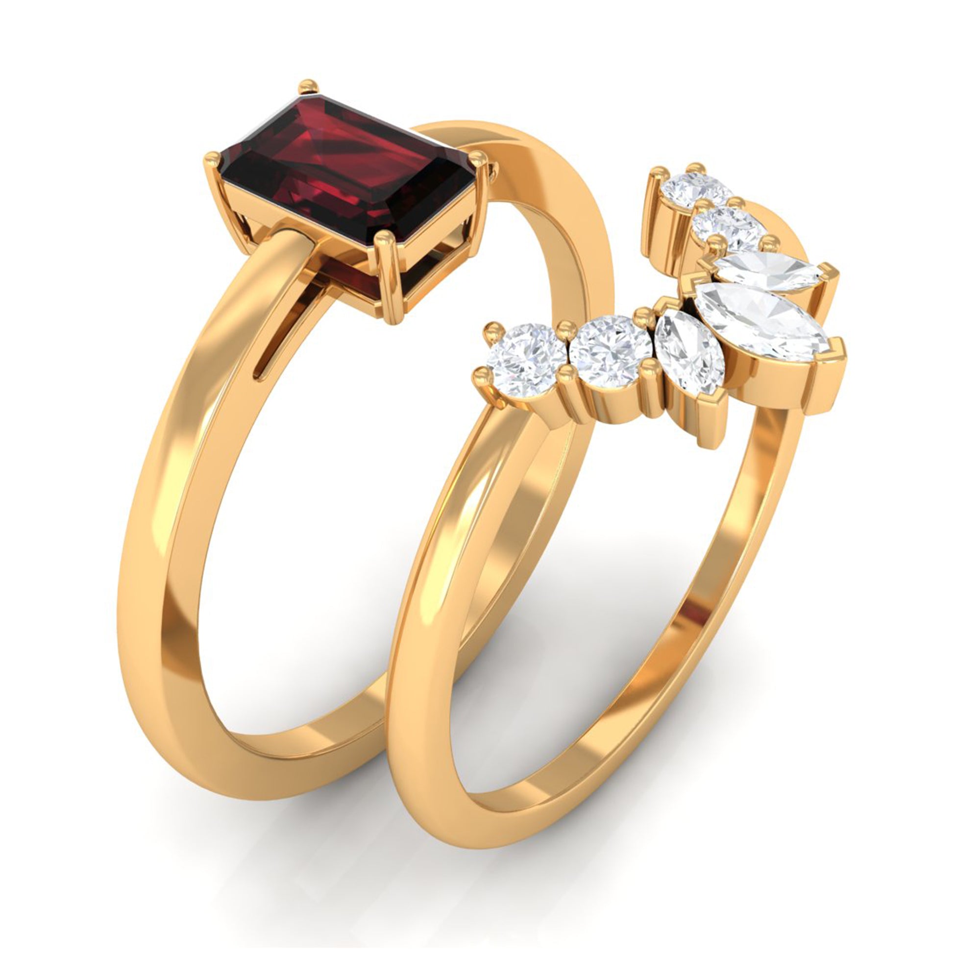 Genuine Garnet Diamond Emerald Cut Engagement Ring with Wedding Band AAA - Rosec Jewels