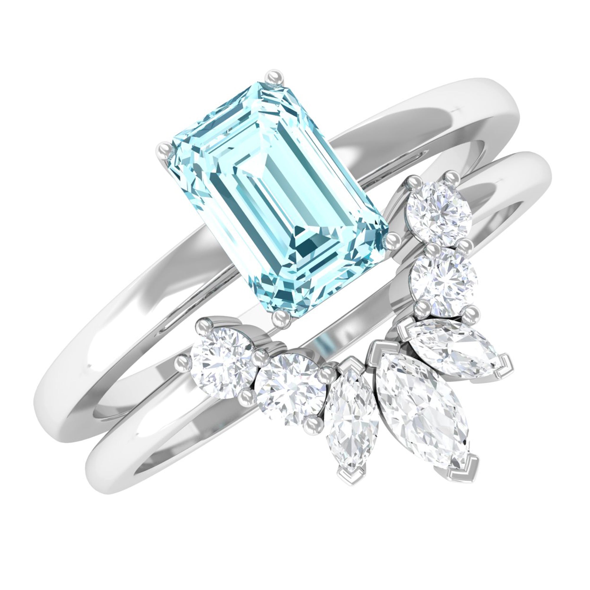 Natural Emerald Cut Aquamarine Engagement Ring with Diamond Wedding Band AAA - Rosec Jewels