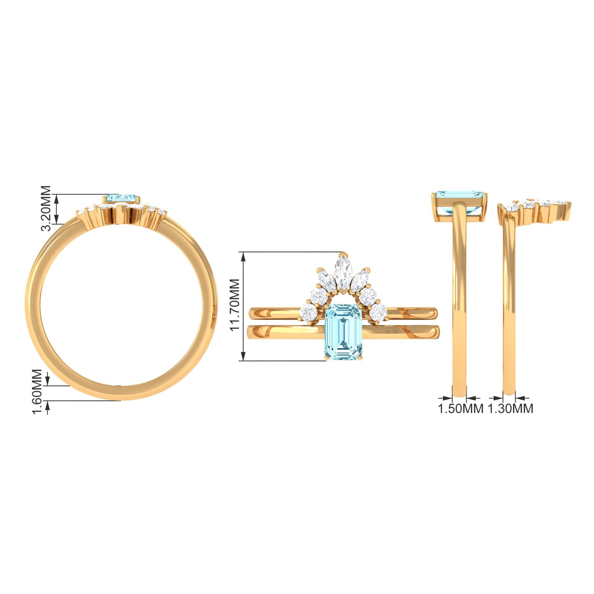 Natural Emerald Cut Aquamarine Engagement Ring with Diamond Wedding Band AAA - Rosec Jewels