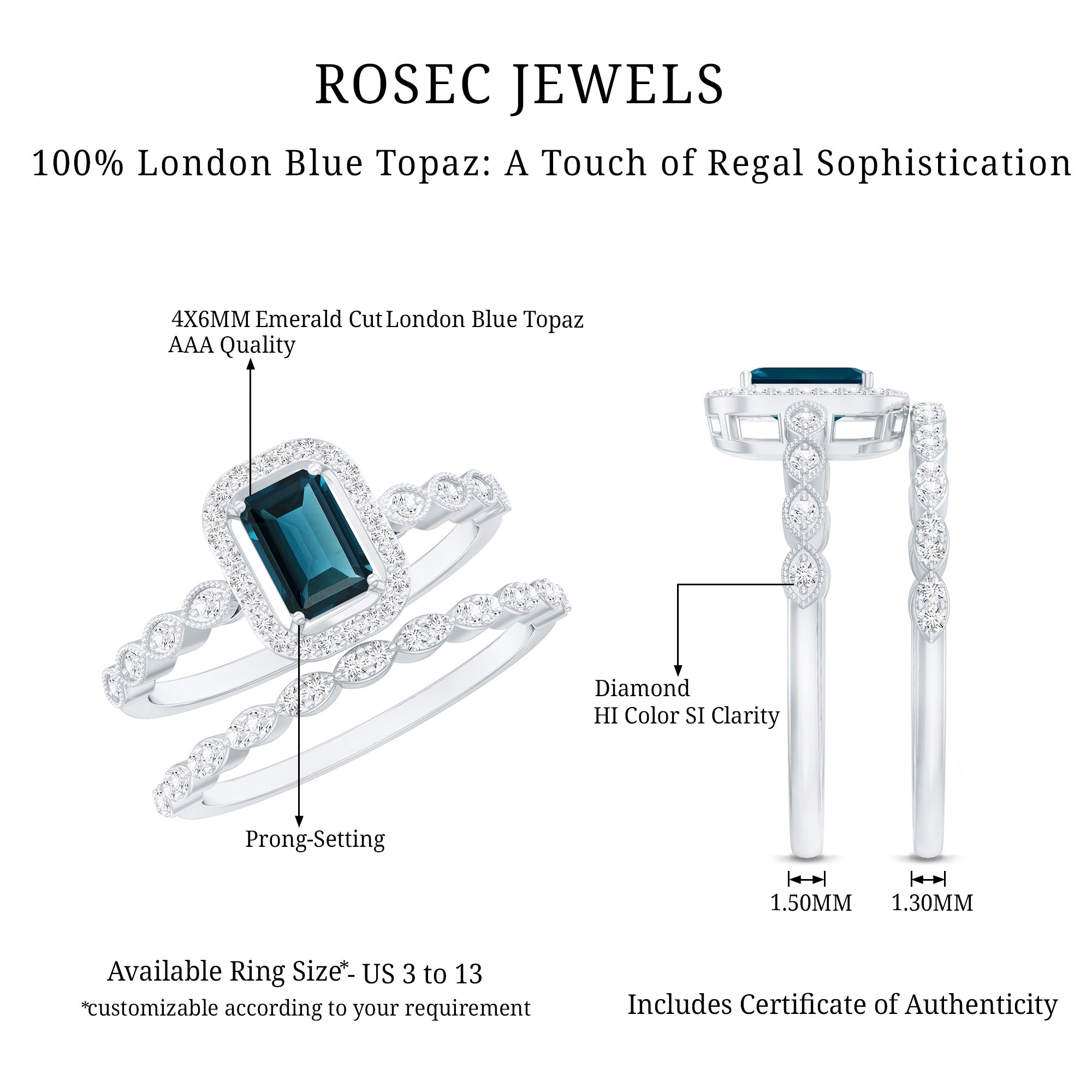 London Blue Topaz and Diamond Vintage Inspired Wedding Ring Set AAA - Rosec Jewels