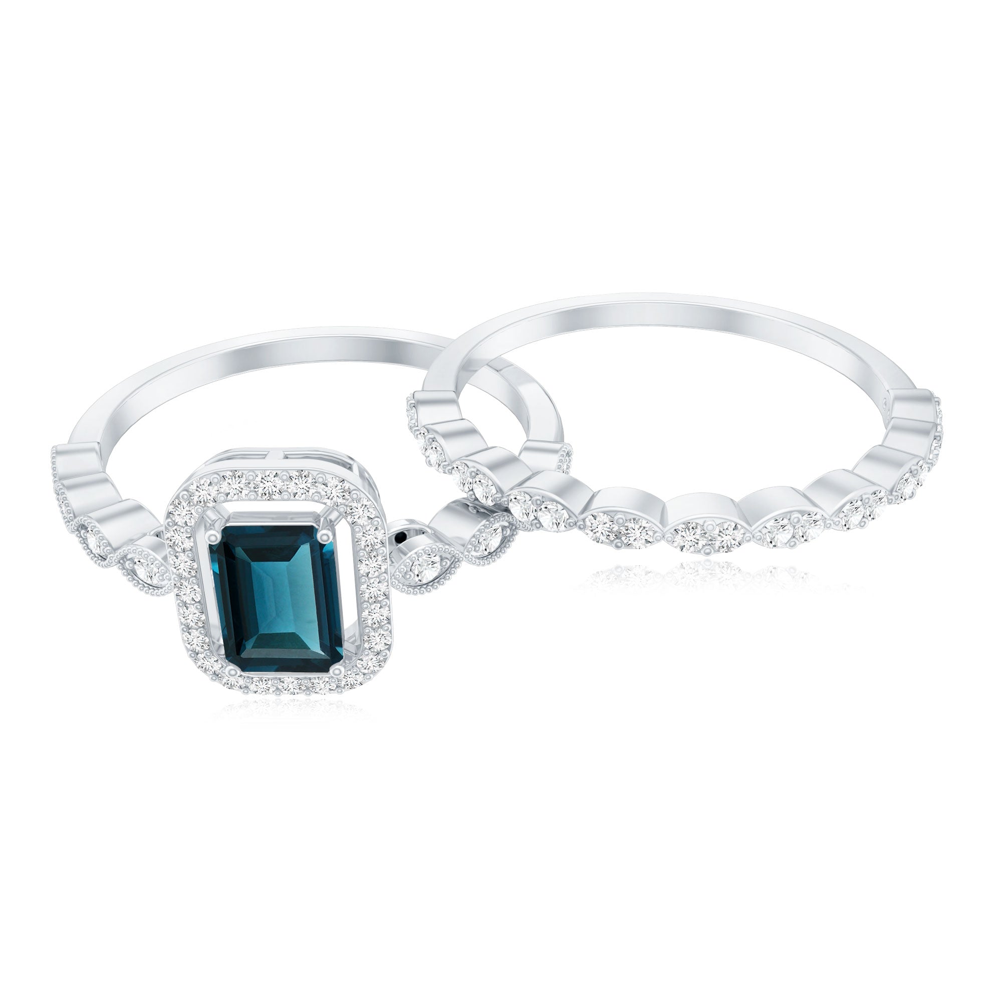 London Blue Topaz and Diamond Vintage Inspired Wedding Ring Set AAA - Rosec Jewels