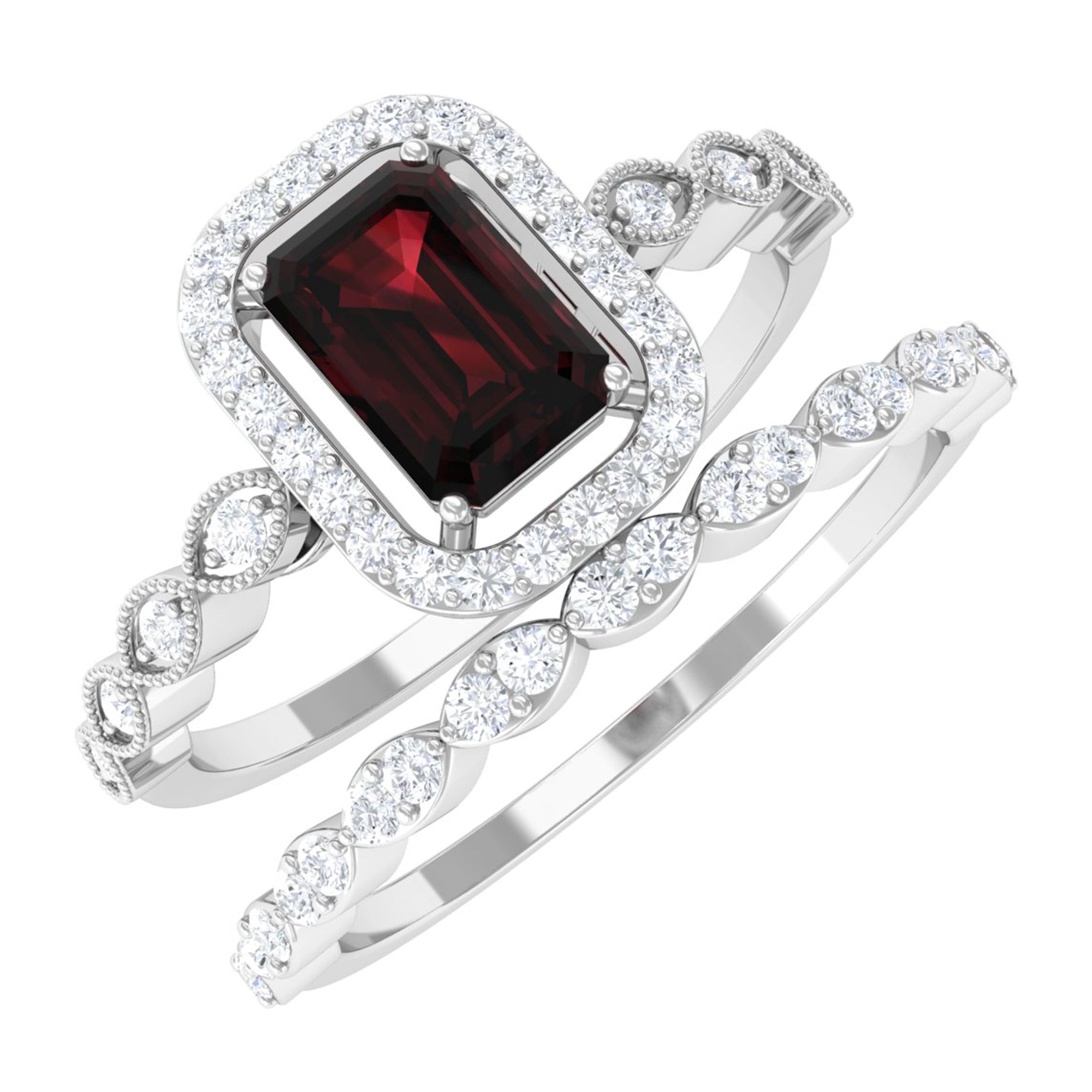 Vintage Looking Garnet Diamond Emerald Cut Wedding Bridal Ring Set AAA - Rosec Jewels