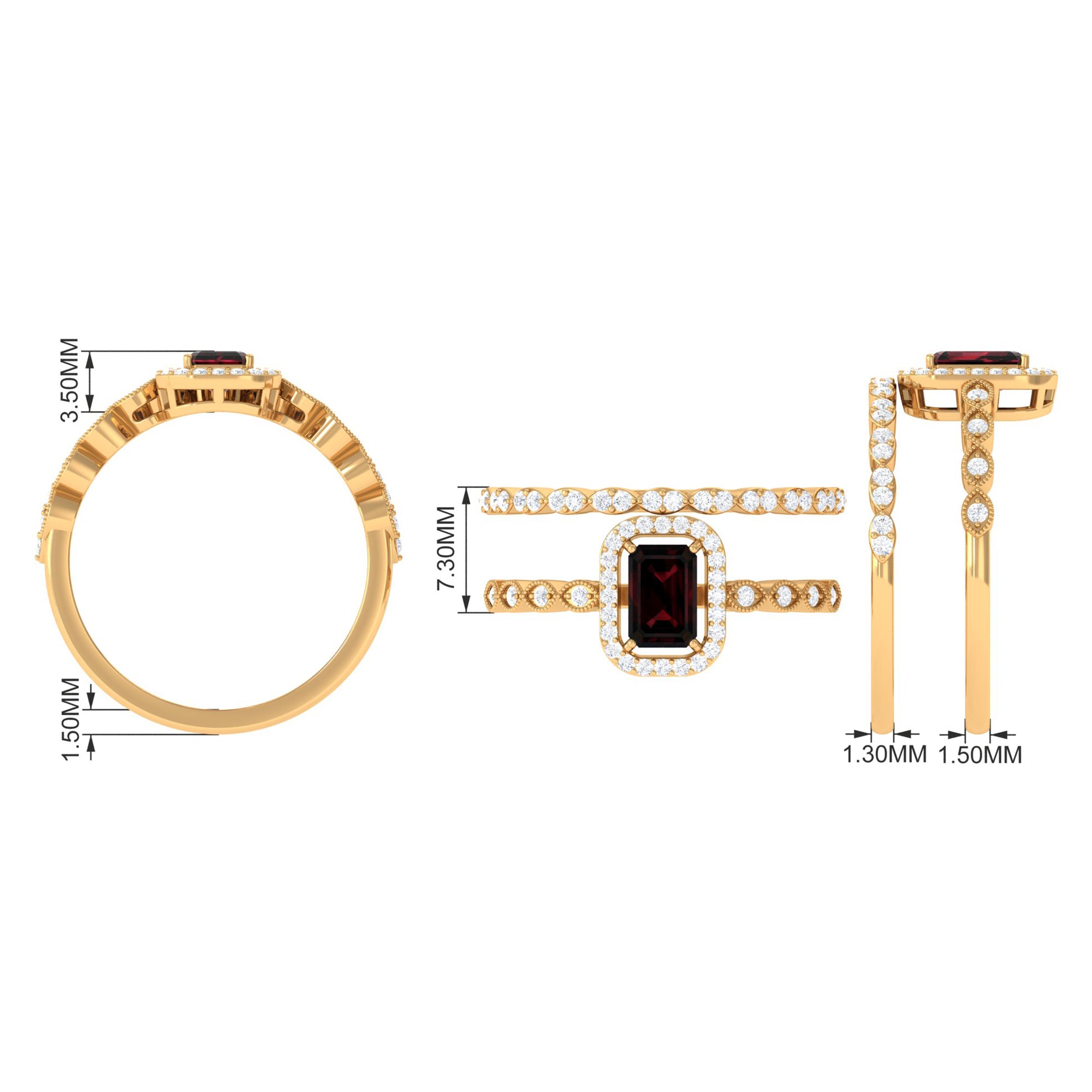 Vintage Looking Garnet Diamond Emerald Cut Wedding Bridal Ring Set AAA - Rosec Jewels