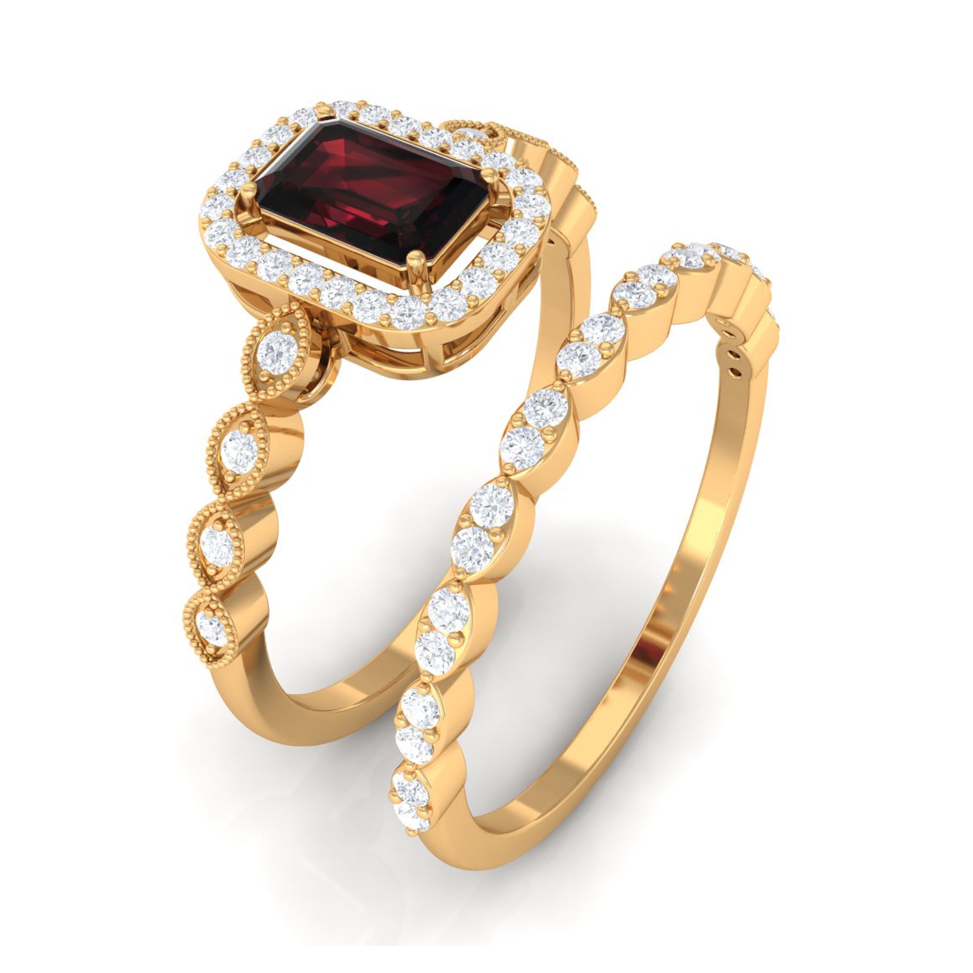 Vintage Looking Garnet Diamond Emerald Cut Wedding Bridal Ring Set AAA - Rosec Jewels