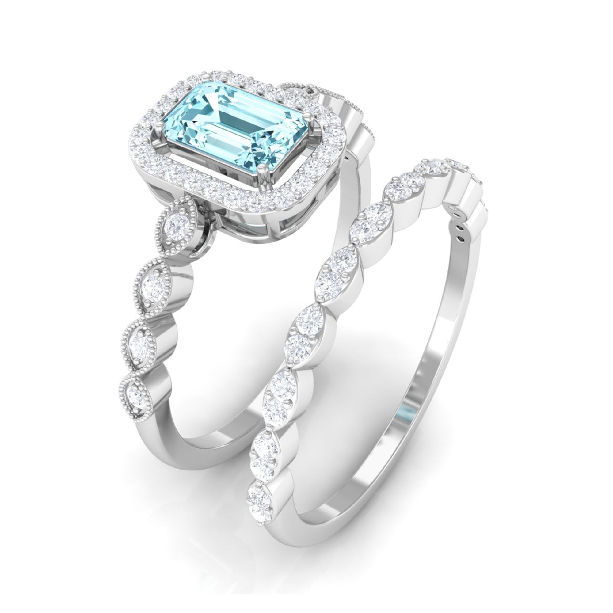 Certified 0.6 Carat Emerald Cut Aquamarine and Diamond Designer Ring Set AAA - Rosec Jewels